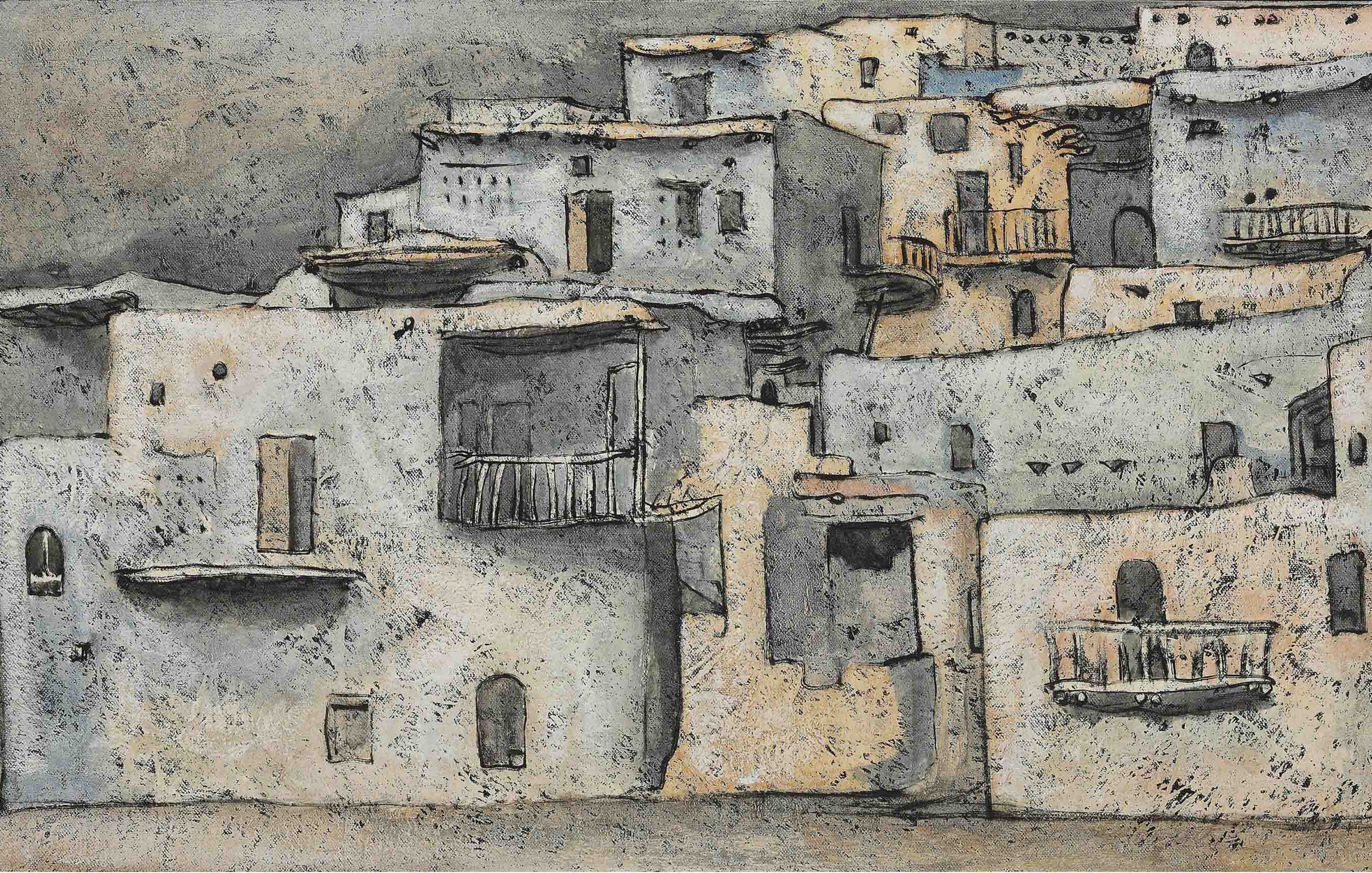 L'image représente un paysage architectural avec des maisons blanches qui semblent anciennes et usées. Les façades sont texturées, et certaines fenêtres et balcons sont visibles, ajoutant une dimension de vie à la scène. Les teintes sont neutres, avec des nuances de gris et de beige, créant une atmosphère calme et quelque peu mélancolique. Le style a une touche abstraite, mettant l'accent sur les formes plutôt que sur les détails réalistes.