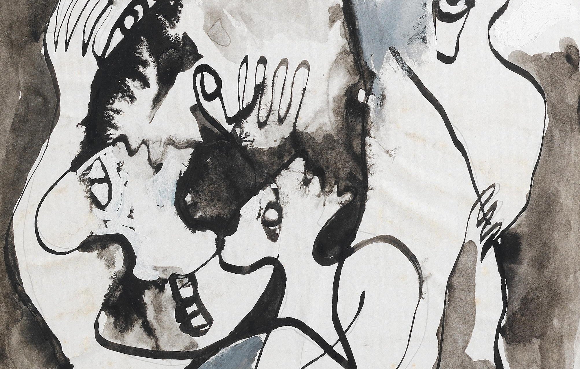 L'image présente une composition abstraite réalisée avec des traits de pinceau fluides et des formes organiques. Elle montre plusieurs figures humaines stylisées, entrelacées dans des positions dynamiques. Les lignes noires sont accentuées par des zones de gris et de blanc, créant un contraste saisissant. Les expressions des personnages, bien qu'évoquées de manière simplifiée, semblent transmettre des émotions vives, et l'ensemble dégage une impression de mouvement et de vitalité.