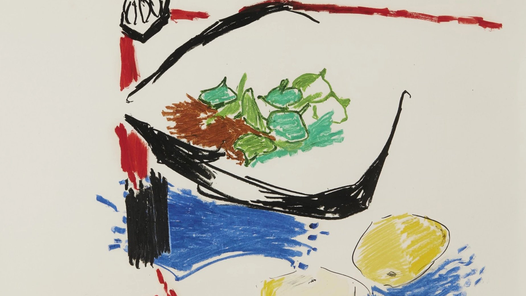 L'image présente une composition colorée et abstraite. On peut voir des éléments de nature morte : une assiette contenant de la salade verte, des agrumes et d'autres fruits posés sur une table. Les couleurs vives, telles que le rouge, le bleu, le jaune et le vert, sont utilisées de manière expressive, créant un contraste dynamique. Le style de la peinture semble inspiré de la peinture moderne, mettant l'accent sur les formes et les couleurs plutôt que sur les détails réalistes. Un vase avec des fleurs jaunes est visible en haut à gauche, ajoutant une touche de lumière à la scène.