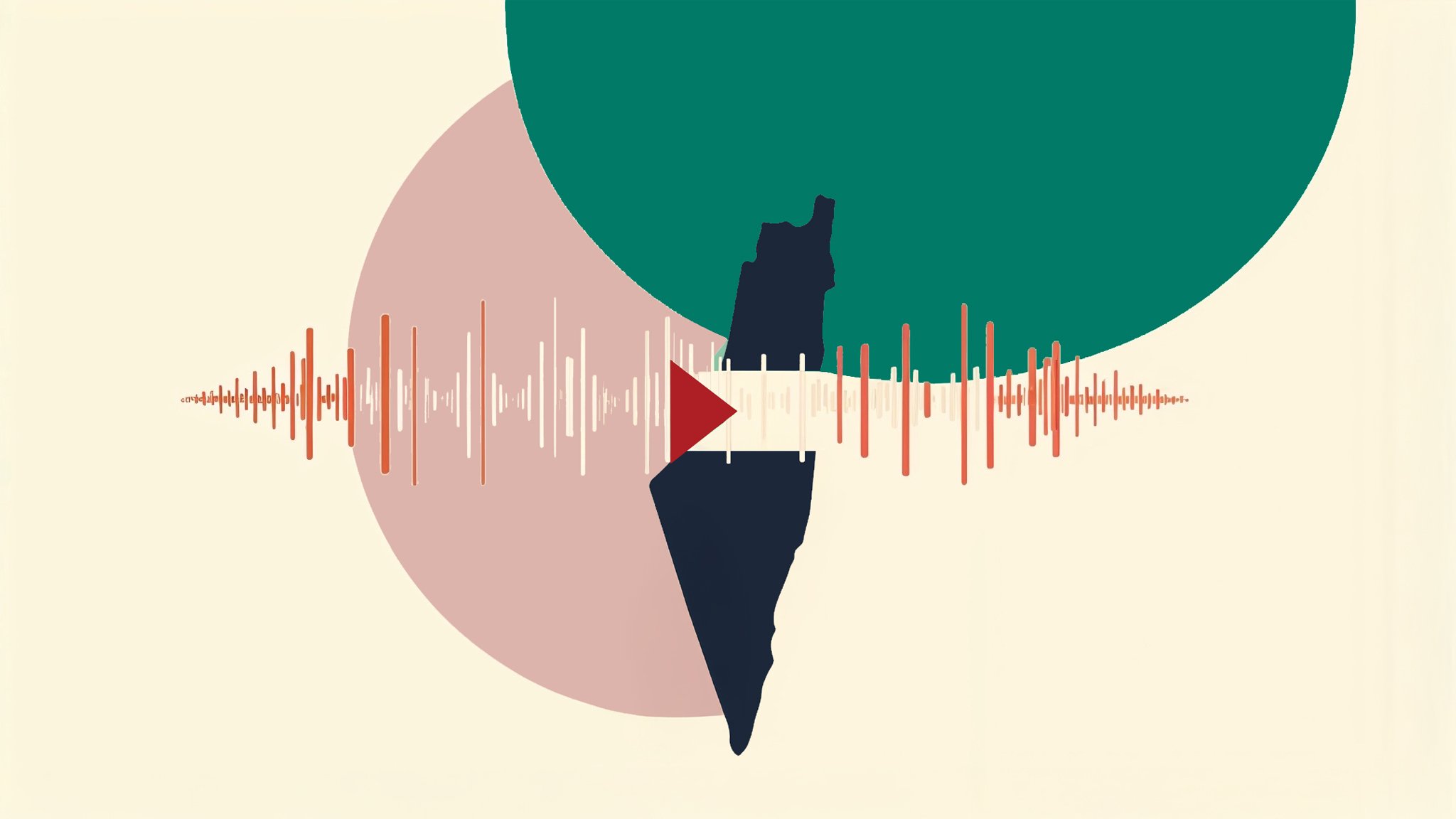 L'immagine presenta una composizione grafica che combina elementi astratti e simbolici. Al centro si trova una silhouette che rappresenta una mappa di un territorio, affiancata da forme geometriche colorate, come un cerchio verde e uno rosa. Sotto la mappa, si estende un'onda sonora stilizzata, formata da linee di varia lunghezza e colore, creando un contrasto visivo interessante. Il design è moderno e minimalista, evocando temi di comunicazione e identità.