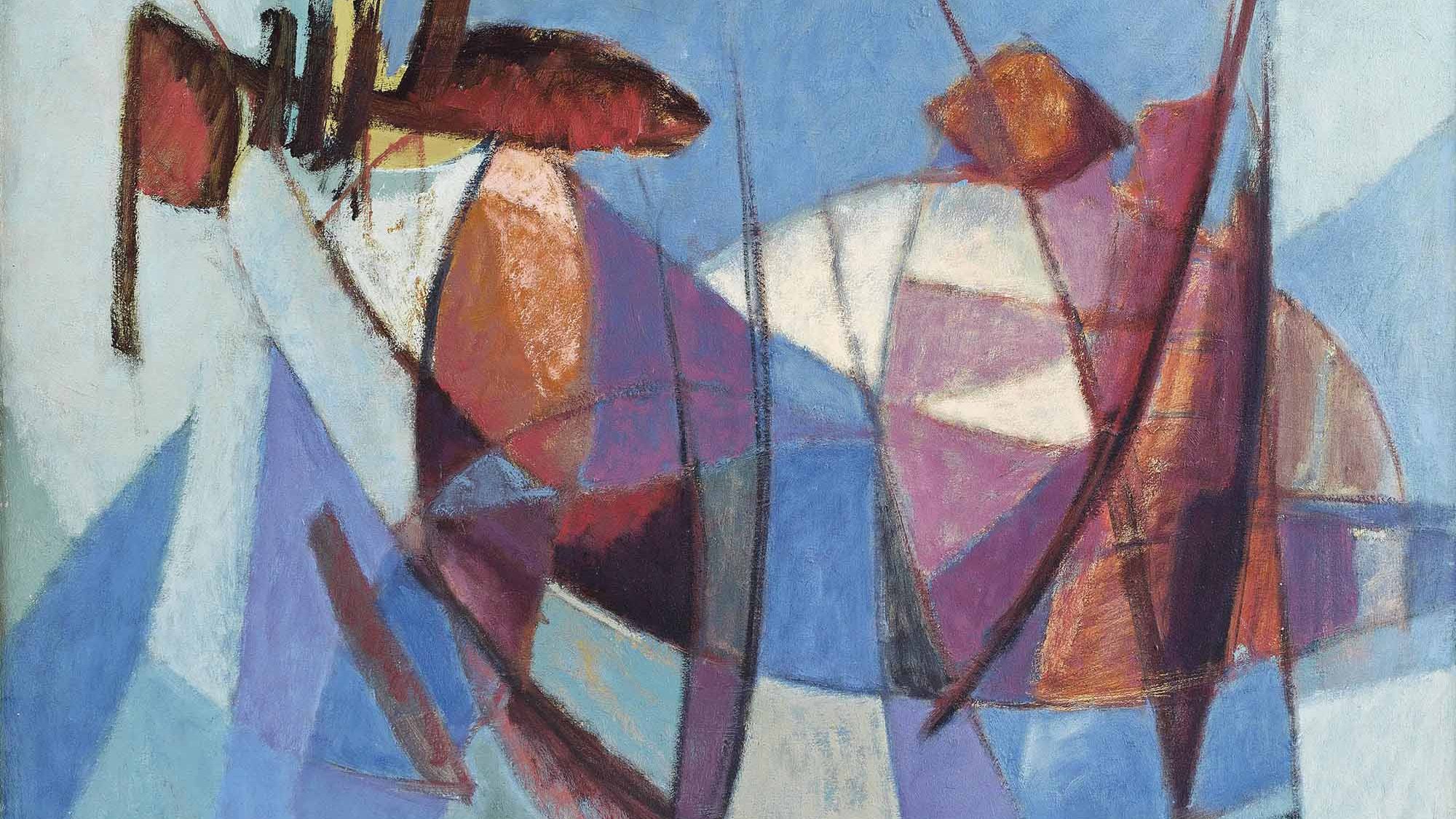 L'image représente une œuvre abstraite, utilisant des formes géométriques et des couleurs vives. On y voit des formes arrondies et angulaires, avec des tons de bleu, de rouge, de rose et de jaune. Les formes semblent se chevaucher et s'entrelacer, créant un jeu de contrastes. L'ensemble donne une impression de mouvement et d'énergie, typique de l'art moderne. La composition joue sur des lignes nettes et des plans colorés, offrant une perception dynamique et captivante.