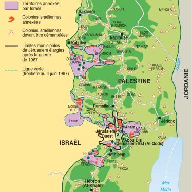 L'image est une carte détaillée des territoires palestiniens, montrant les différentes zones et leurs désignations. Elle indique notamment les zones A et B, qui correspondent à des territoires autonomes palestiniens. On y trouve également des villages palestiniens annexés, des colonies israéliennes annexées, ainsi que les limites municipales de Jérusalem. La carte souligne la ligne verte, qui délimite la frontière avant la guerre de 1967. Les principales villes palestiniennes, ainsi que les routes et réservoirs d'eau, sont également représentés.