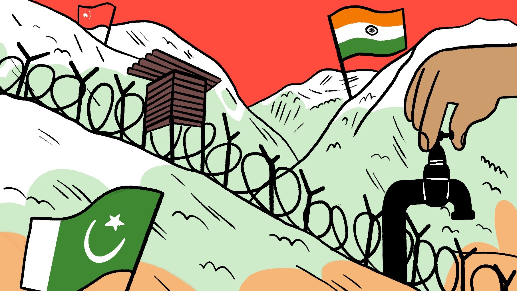 Des montagnes avec des drapeaux, un robinet et des barbelés.