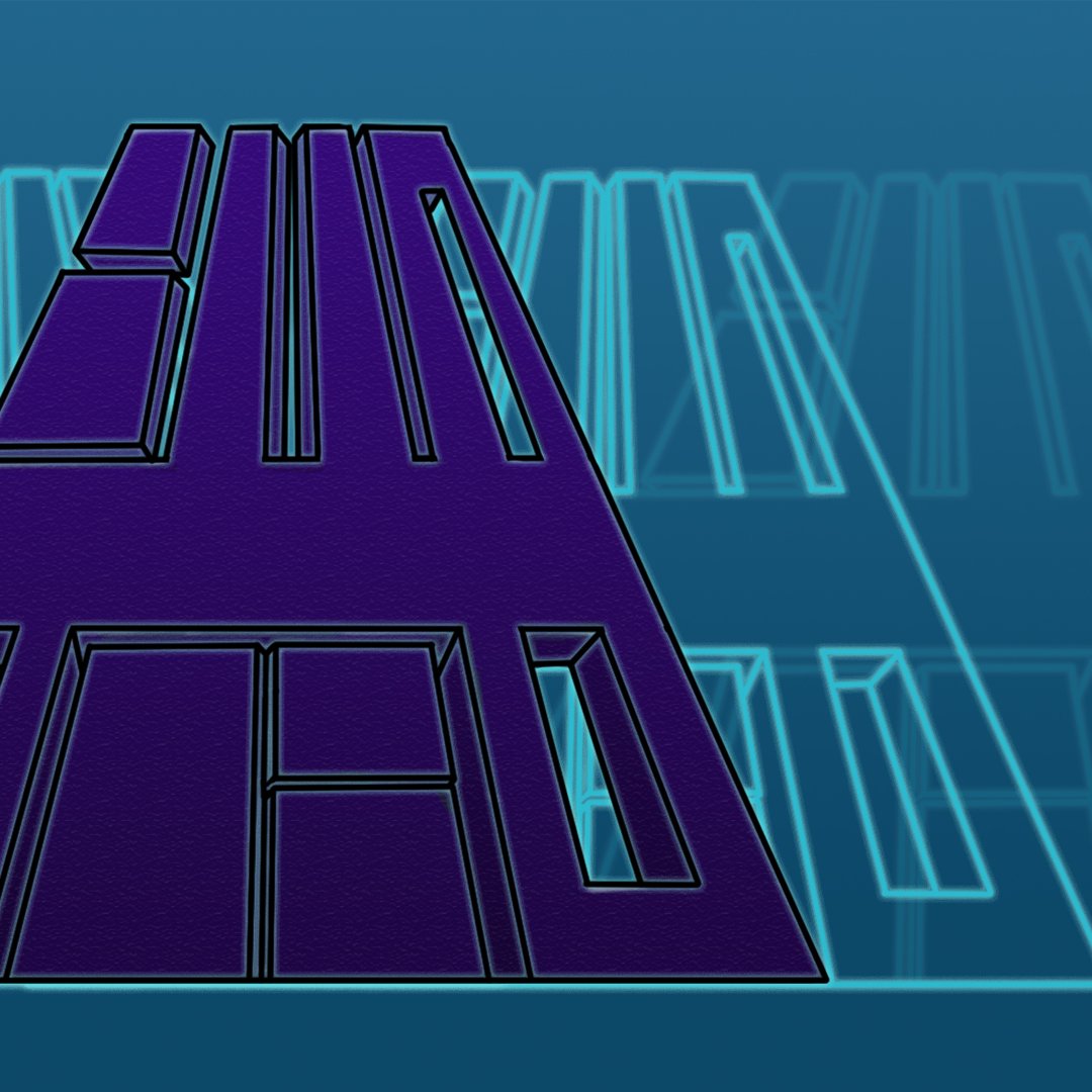 تظهر في الصورة تصميم هندسي بسطح أملس ولون أرجواني، يتخذ شكل مثلث مقلوب. يحتوي التصميم على أشكال مستطيلة مستقيمة ومتجاورة، مما يخلق انطباعًا ثلاثي الأبعاد. الخلفية تحتوي على تدرجات لونية تتراوح بين الأزرق والأخضر، مما يبرز الشكل الأمامي ويضيف عمقًا إلى الصورة.