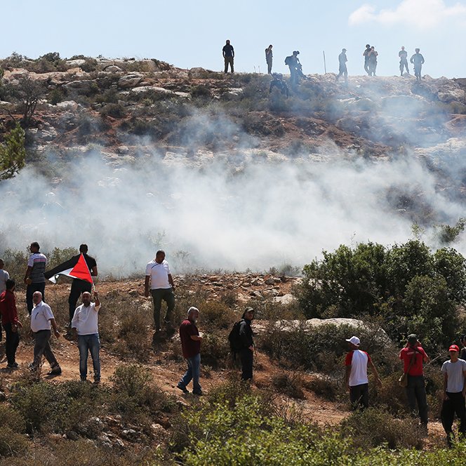 The image depicts a scene with a group of people gathered in an outdoor setting, likely demonstrating or protesting. In the foreground, some individuals are waving flags, possibly representing Palestine, characterized by red, black, and green colors. Behind them, a cloud of smoke rises, suggesting the use of tear gas or other crowd control measures. In the background, a group of people can be seen on higher ground, observing the situation. The environment appears to be rocky and natural, with trees scattered in the landscape under a partly cloudy sky.