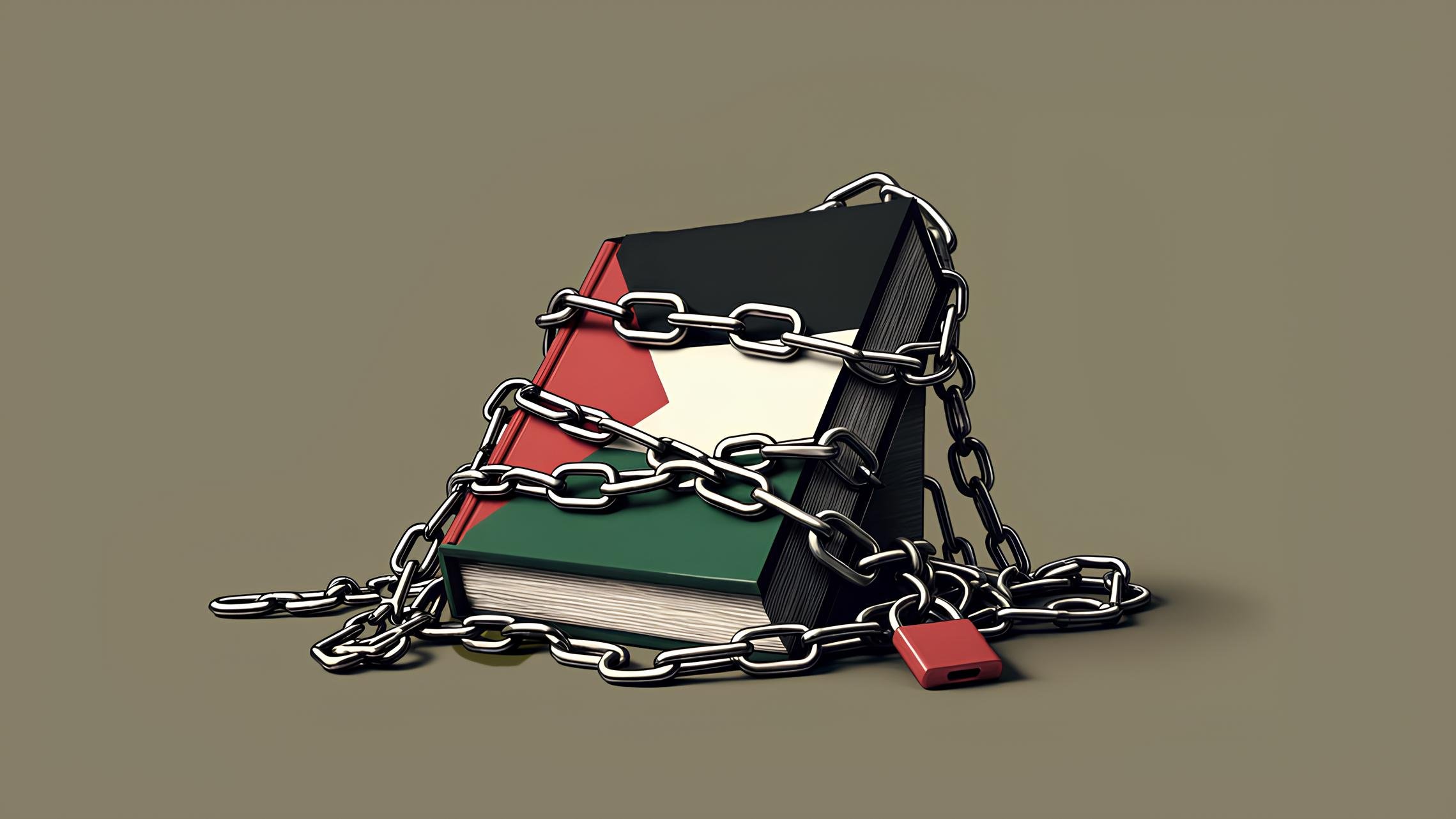 L'immagine mostra un libro avvolto da catene e bloccato con un lucchetto. La copertina del libro presenta i colori della bandiera palestinese: rosso, verde e nero. L'oggetto simboleggia un'idea di restrizione e protezione.