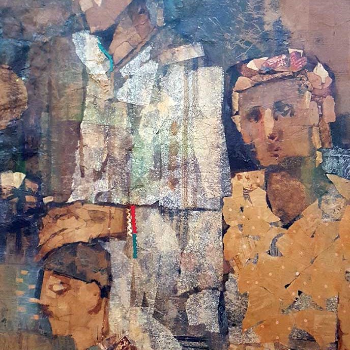 L'image présente un tableau abstrait constitué de différentes figures humaines, rendues avec des formes géométriques et des couleurs terreuses. Les visages semblent partiellement cachés ou fragmentés, créant une atmosphère mystérieuse. Les personnages portent des vêtements traditionnels, ce qui suggère une connexion à une culture spécifique. L'utilisation de textures et de superpositions donne une dimension tactile à l'œuvre, tandis que la palette de couleurs naturelles évoque une ambiance chaleureuse et nostalgique.