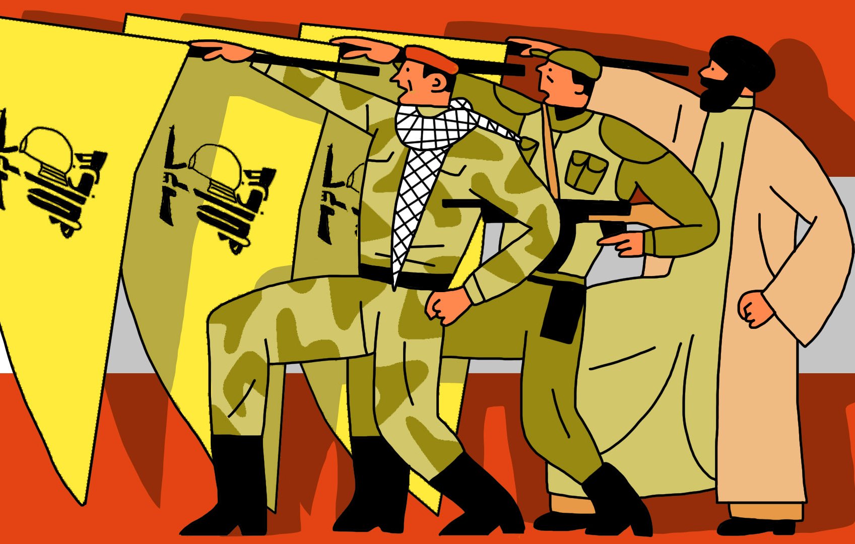 L'image présente trois figures masculines marchant côte à côte, brandissant des drapeaux jaunes avec un symbole militaire. Le premier personnage porte un keffieh et un uniforme camouflé, tandis que les autres sont vêtus d'uniformes et de vêtements traditionnels. L'arrière-plan est en rouge, ajoutant un contraste fort avec les drapeaux. Cette composition pourrait évoquer des thèmes de militantisme ou de solidarité.