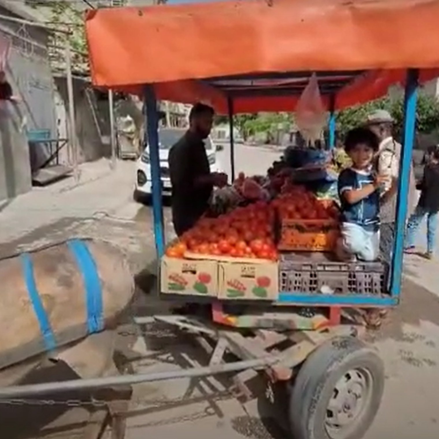 L'immagine mostra un mercato all'aperto con un carro trainato da un animale. Sul carro ci sono delle ceste piene di pomodori e altre verdure. Un bambino è in piedi sul carro, mentre un adulto è occupato a sistemare la merce. Sullo sfondo si possono vedere abitazioni e alcune persone sedute o in movimento lungo la strada. L'atmosfera sembra viva e caratteristica di un mercato locale.