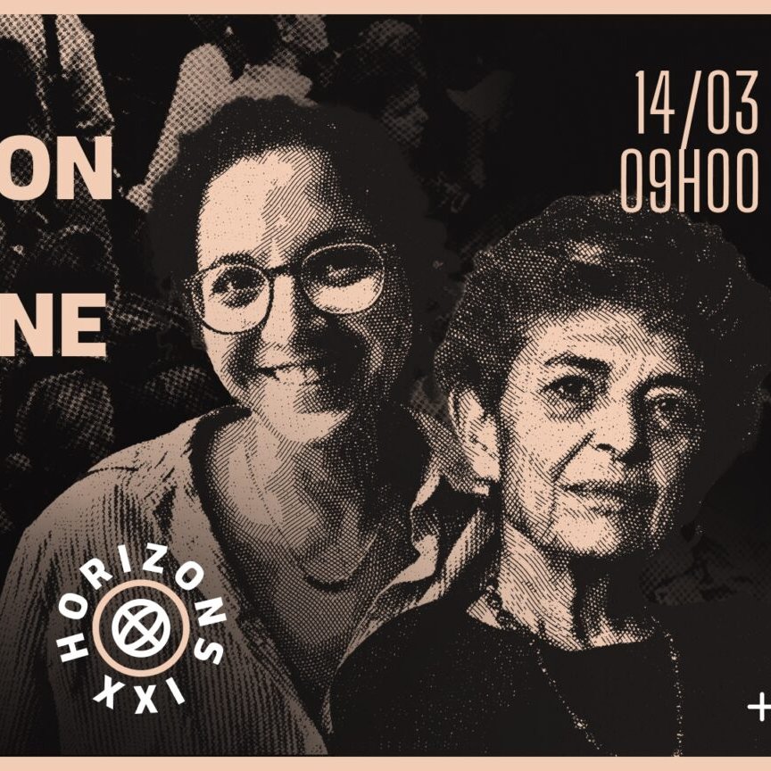 L'image annonce un événement sur la "Civilisation judéo-chrétienne" avec en vedette Sophie Bessis et Sarra Grira. Elle indique la date et l'heure : 14 mars à 9h00, et présente un design sobre avec des tons de beige et noir.
