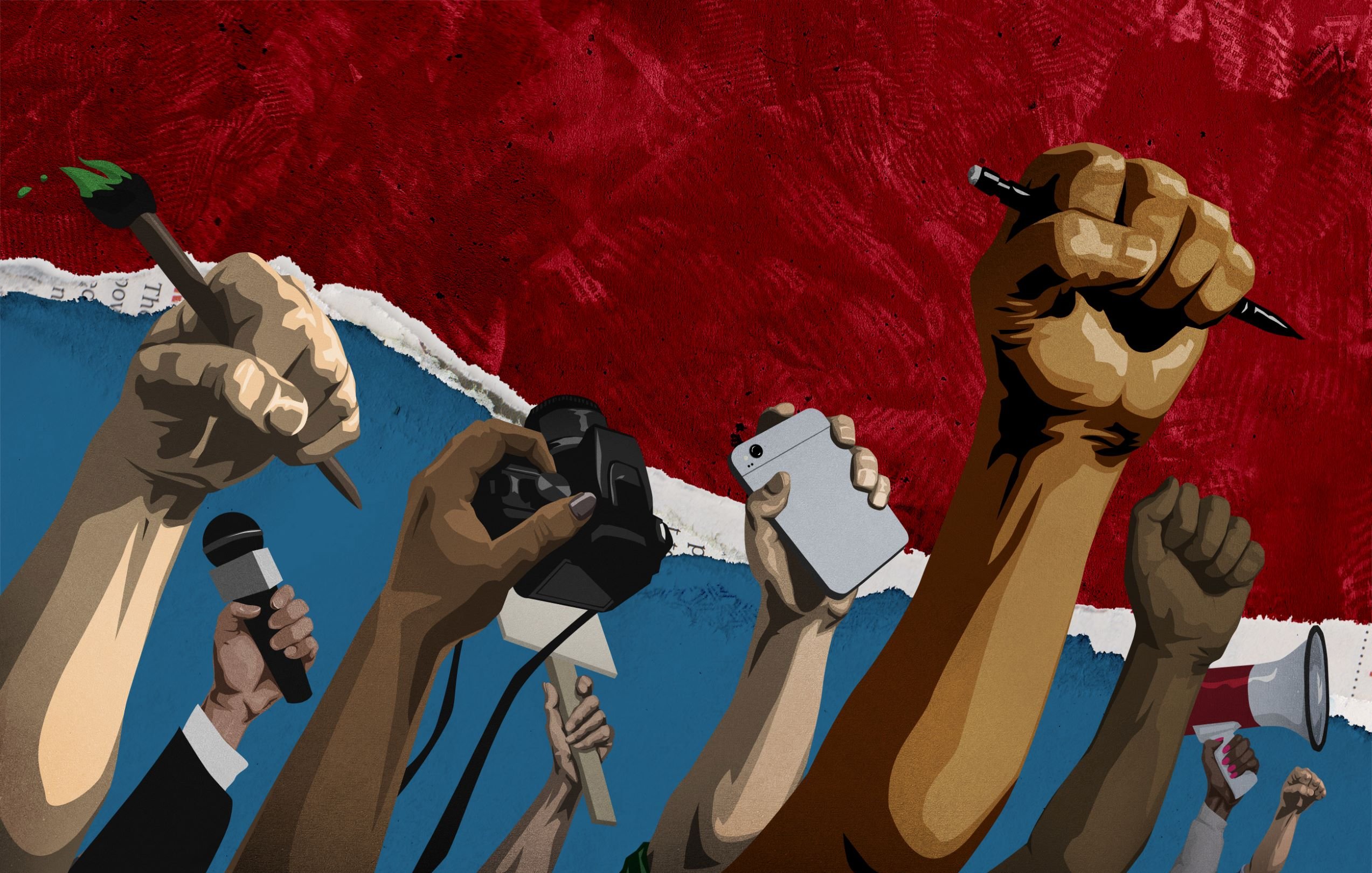 L'image montre une multitude de mains levées vers le haut, chacune tenant différents objets symboliques. On peut voir des microphones, des stylos, un appareil photo et un téléphone, soulignant un thème de protestation ou de revendication. En arrière-plan, il y a une texture de couleur rouge qui pourrait évoquer une ambiance de lutte ou de passion. Cette composition met en avant l'idée d'engagement et de voix collectives dans une lutte pour des droits ou des changements sociaux.