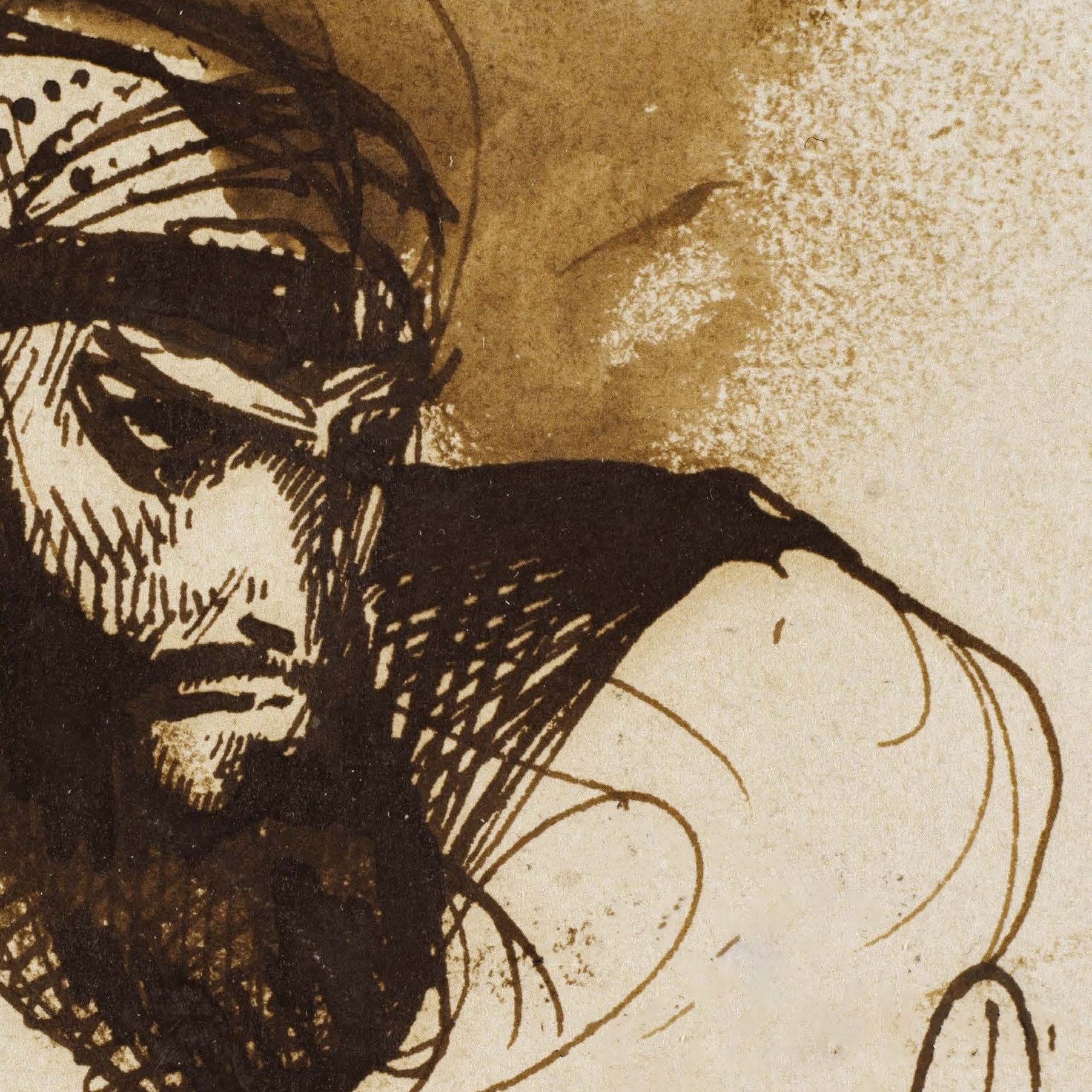 L'image présente un dessin avec un personnage au visage marqué par des traits prononcés et une barbe fournie. Il porte un turban ou un foulard autour de la tête, et son regard intense semble refléter de la détermination ou de la réflexion. Les contours sont réalisés avec des traits sombres, tandis que l'arrière-plan a des teintes de brun, créant une atmosphère dramatique. Le style rappelle des esquisses artistiques classiques, où l'émotion et l'expression sont au cœur de la représentation.