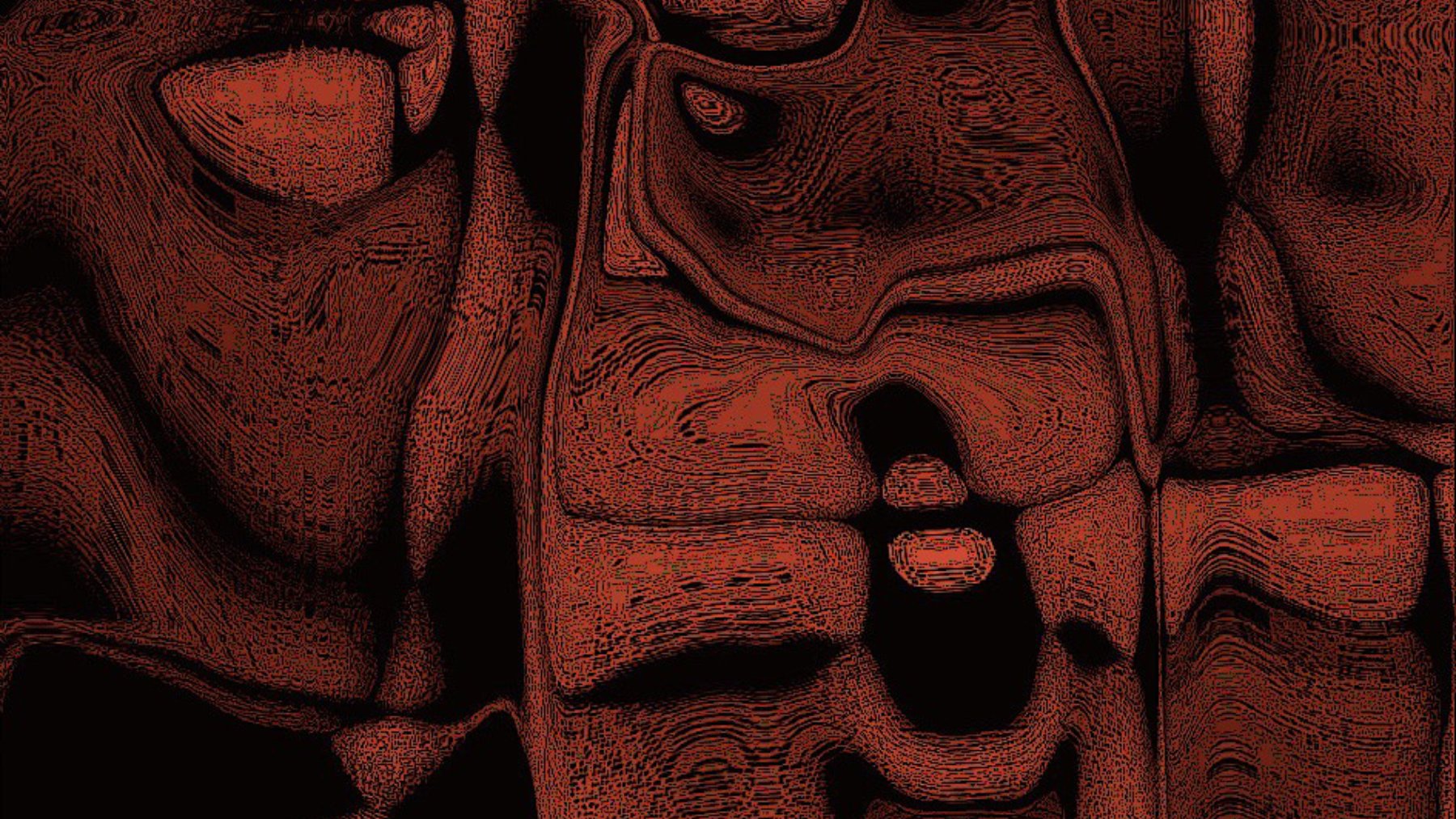 The image features a complex, abstract design characterized by swirling patterns and textures. It predominantly uses deep reds and blacks, creating a rich, layered effect. The shapes appear almost fluid, with a sense of movement and depth, reminiscent of natural elements like lava or molten materials. Overall, it evokes a striking and intense visual experience.