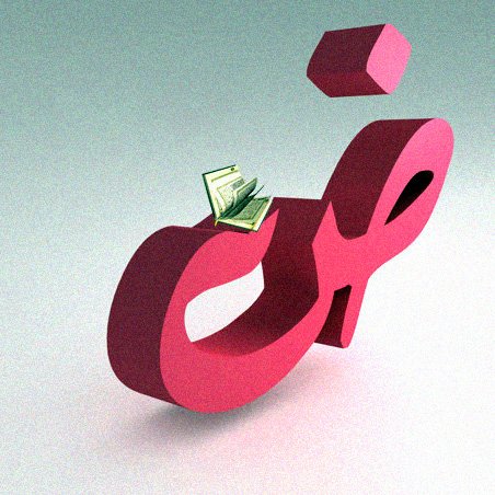 L'image montre une représentation en 3D d'un symbole stylisé, probablement une lettre ou un caractère, coloré en rose. Sur une partie de ce symbole, des billets de banque sont placés, ajoutant un élément financier ou économique à la composition. Le fond est d'une teinte claire, ce qui fait ressortir le symbole et les billets. L'ensemble donne une impression moderne et dynamique, suggérant un lien entre le symbolisme et l'argent.