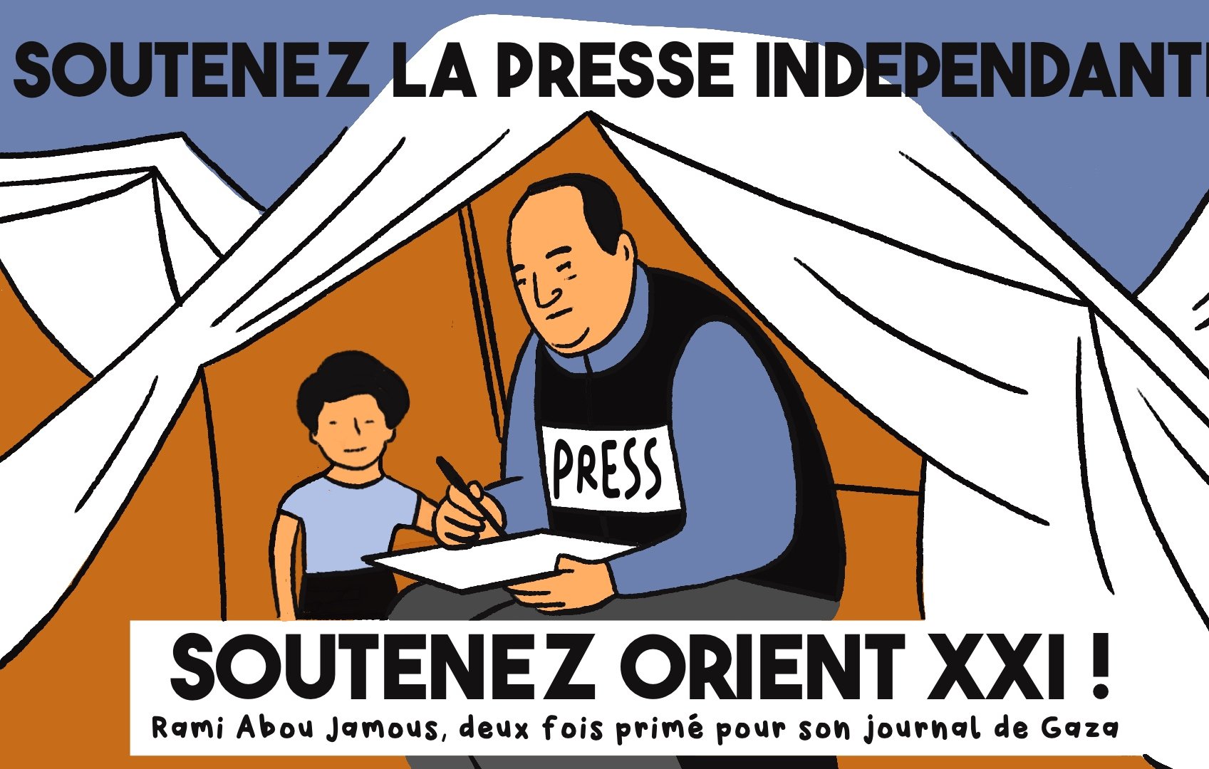 Homme journaliste écrit sous un abri, avec une enfant à ses côtés, soutenez la presse.