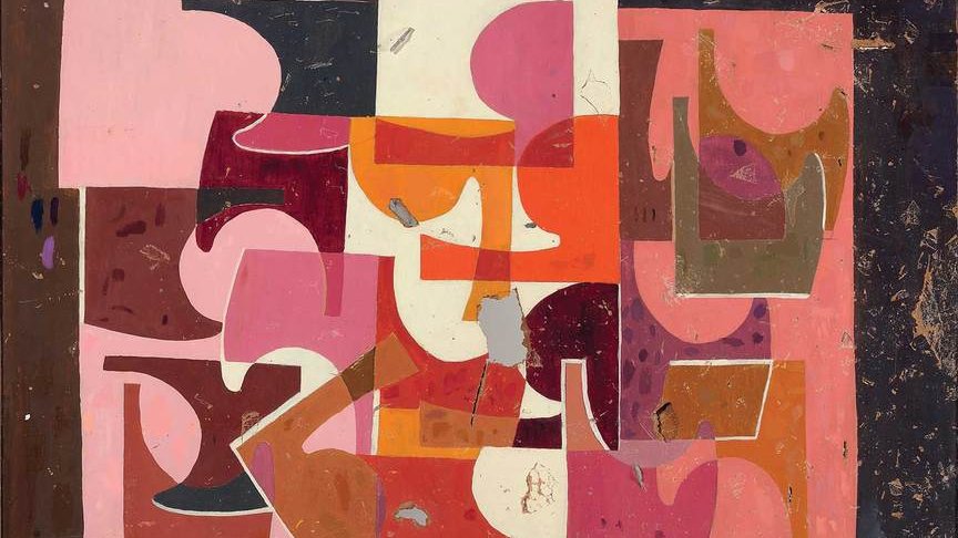 L'image présente une composition abstraite colorée, composée de différentes formes géométriques. On peut y voir une série de motifs en camaïeu de rose, orange, rouge et beige, organisés de manière à créer un effet dynamique. Les formes s'entrelacent et se chevauchent, avec des contours irréguliers qui ajoutent de la profondeur. Le fond est sombre, ce qui met en valeur les teintes chaudes de la palette. L'ensemble dégage une impression de mouvement et de vivacité.