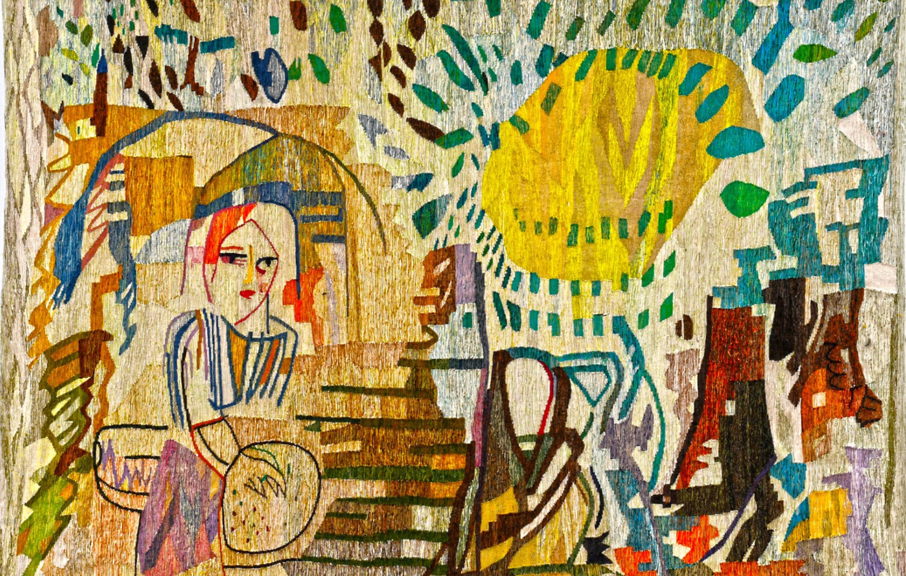 L'image présente une scène stylisée et colorée, caractérisée par des formes géométriques et des motifs abstraits. On y voit une figure humaine, probablement une femme, assise dans un environnement qui évoque la nature, avec des éléments qui pourraient représenter des arbres ou des plantes. Les couleurs sont vives et variées, contribuant à une atmosphère dynamique et expressive. L'ensemble de l'œuvre semble inspirer une fraîcheur et une créativité jouant sur les contrastes et les textures.