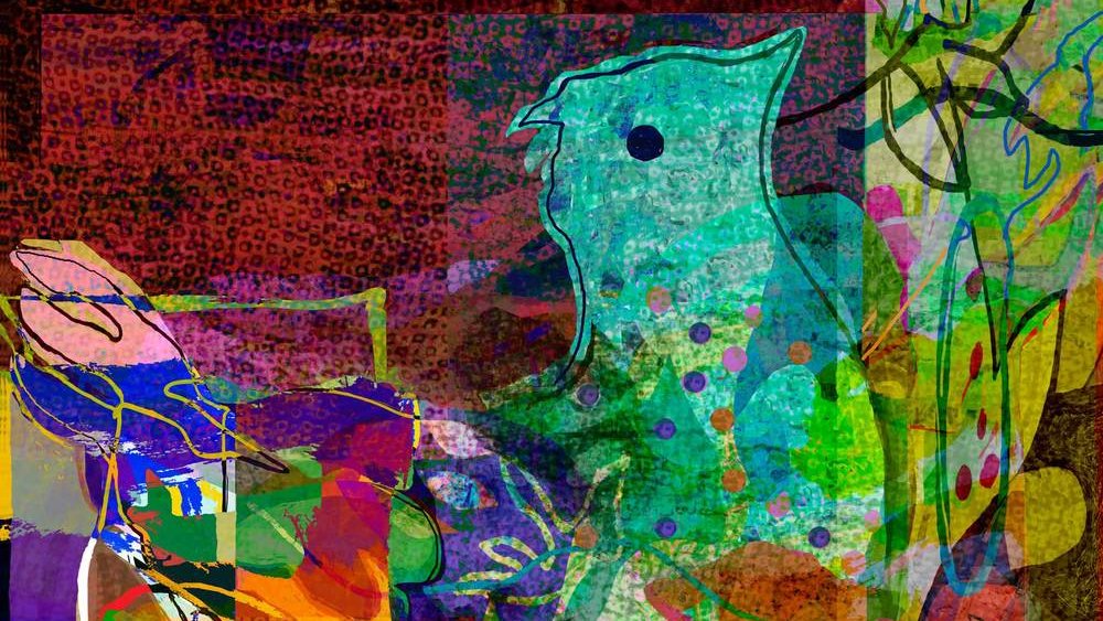 Cette image présente un collage abstrait plein de couleurs vibrantes et de formes variées. On peut voir des motifs organiques et des textures qui se chevauchent, créant un effet dynamique et énergique. Les teintes dominantes incluent des verts, des bleus, des rouges et des jaunes, mélangées de manière à donner une impression de mouvement et de profondeur. L'ensemble évoque une atmosphère à la fois ludique et contemporaine, caractéristique de l'art abstrait.