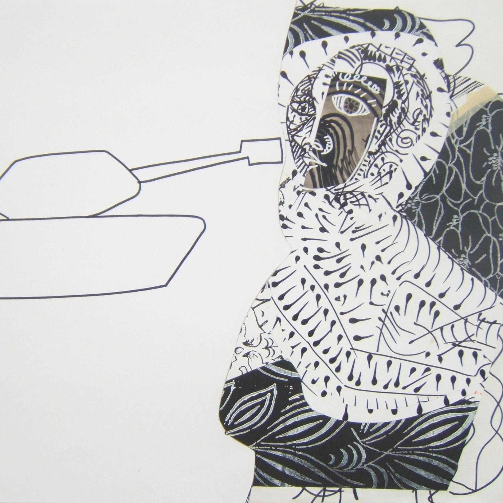 L'immagine presenta una figura stilizzata, con linee nere e motivi grafici complessi. La figura sembra indossare un abbigliamento con disegni intricate e contrastanti. A sinistra, c'è un oggetto che somiglia a un'imbarcazione, delineata in modo semplice. La composizione mescola elementi astratti e figurativi, creando un effetto visivo interessante e dinamico. La palette di colori è prevalentemente in bianco e nero, arricchita da dettagli grafici.