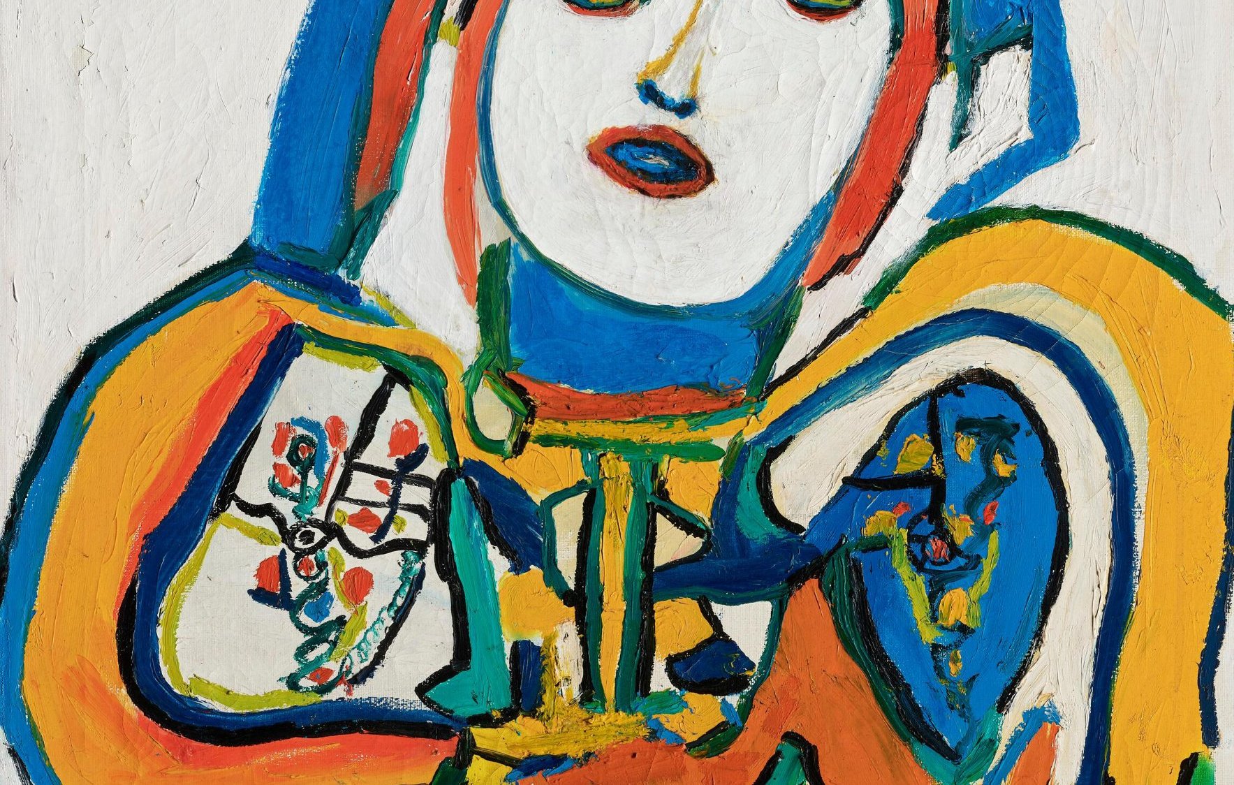 L'image représente une peinture colorée et stylisée d'une figure humaine. La composition utilise des couleurs vives comme le rouge, le bleu, le jaune et le vert. La personne, au visage expressif, semble porter des vêtements ornés de motifs. L'arrière-plan est également riche en couleurs, ce qui donne une impression dynamique à l'œuvre. La technique de peinture est assez gestuelle, ajoutant une dimension vivante à l'ensemble.