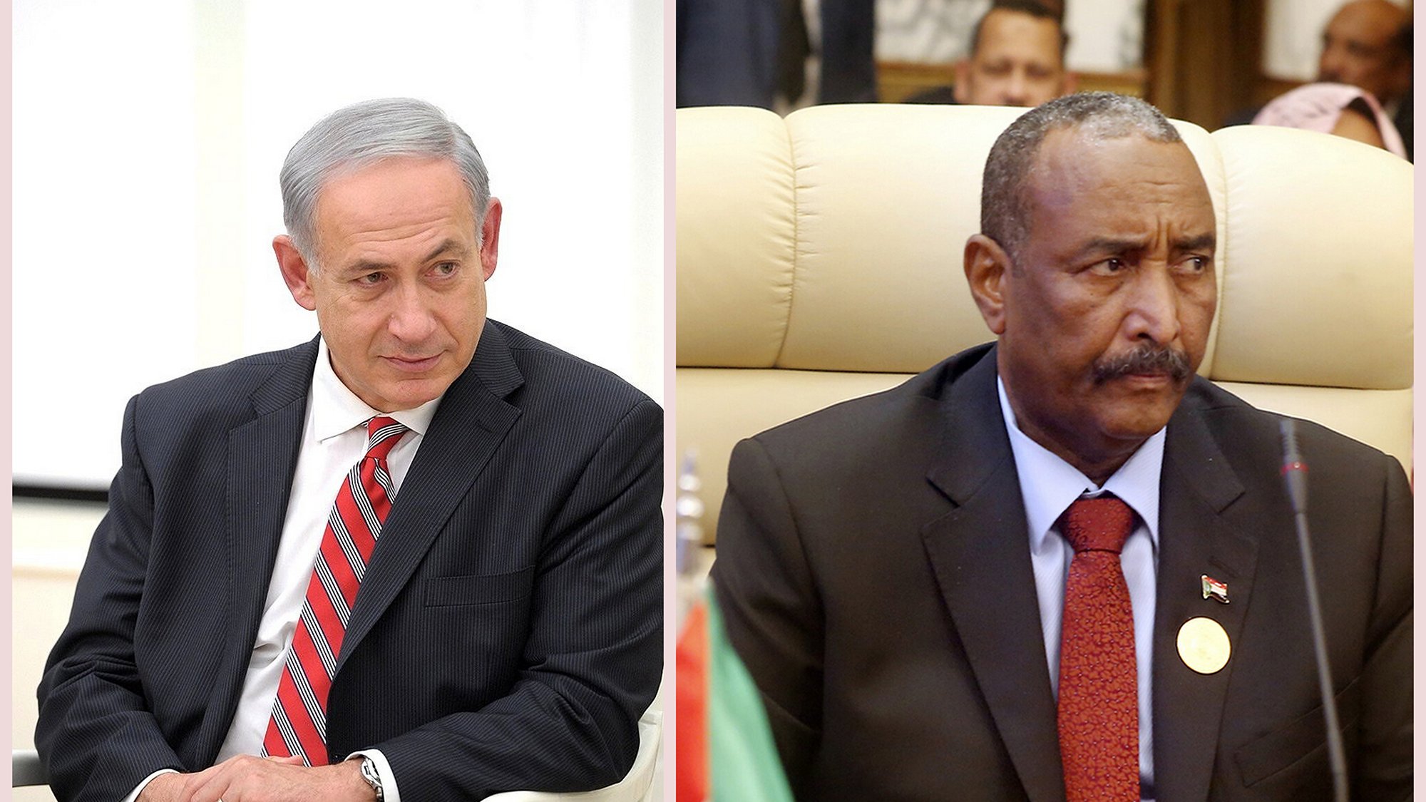 L'image montre deux personnes. À gauche, un homme avec des cheveux gris, portant un costume sombre et une cravate rouge à rayures, assis dans un fauteuil. À droite, un homme avec un teint foncé, portant un costume noir et une chemise claire, assis sur une chaise de président dans un cadre formel. Ils semblent engagés dans une discussion ou un événement officiel.