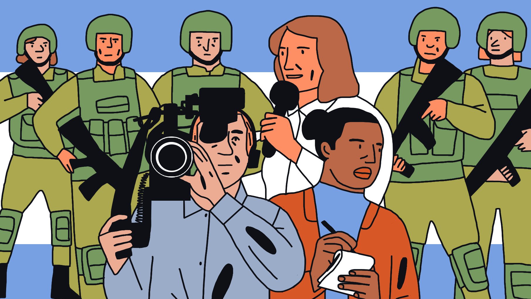 L'image représente un groupe de personnes dans une scène qui semble évoquer un contexte de reportage. Au premier plan, on voit un journaliste avec une caméra et un autre avec un carnet de notes, tous deux concentrés sur leur travail. En arrière-plan, des soldats en uniforme et armés se tiennent en position, ce qui suggère une ambiance de tension ou de sécurité. L'arrière-plan est décoré de couleurs vives, ajoutant une touche graphique à la scène.