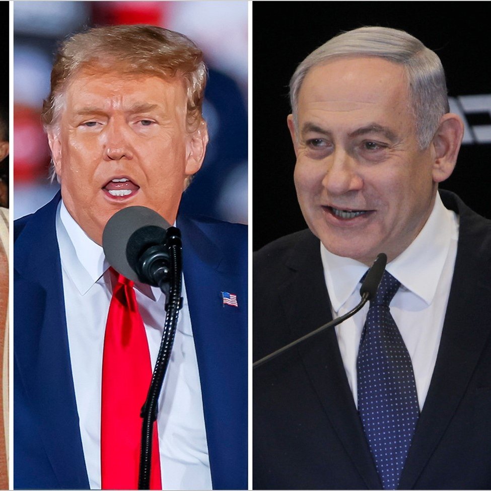 L'immagine mostra tre figure distinte. A sinistra, c'è un uomo con un copricapo tradizionale e un abito che riflette una cultura araba. Al centro, un uomo che parla al microfono, indossa una giacca e una cravatta rossa, mostrando un'espressione decisa. A destra, un uomo con capelli scuri e un volto sorridente, che sembra essere coinvolto in un discorso pubblico. L'illustrazione suggerisce una situazione di dialogo o confronto tra diverse leadership politiche.