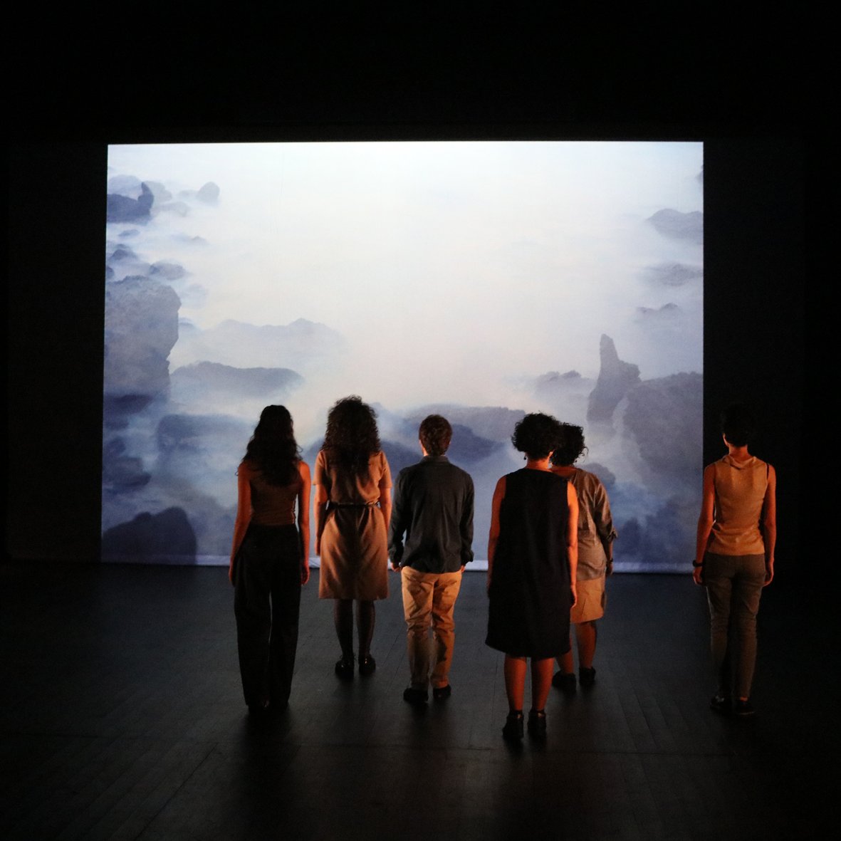 L'image montre une scène de performance artistique. On y voit plusieurs personnes de dos, regardant un grand écran qui projette une image évoquant un paysage marin brumeux. En arrière-plan, on aperçoit une silhouette d'une personne habillée en noir, se tenant à gauche de l'image. Les autres participants, vêtus de différentes tenues, semblent absorbés par la projection. L'éclairage est tamisé, créant une ambiance contemplative.