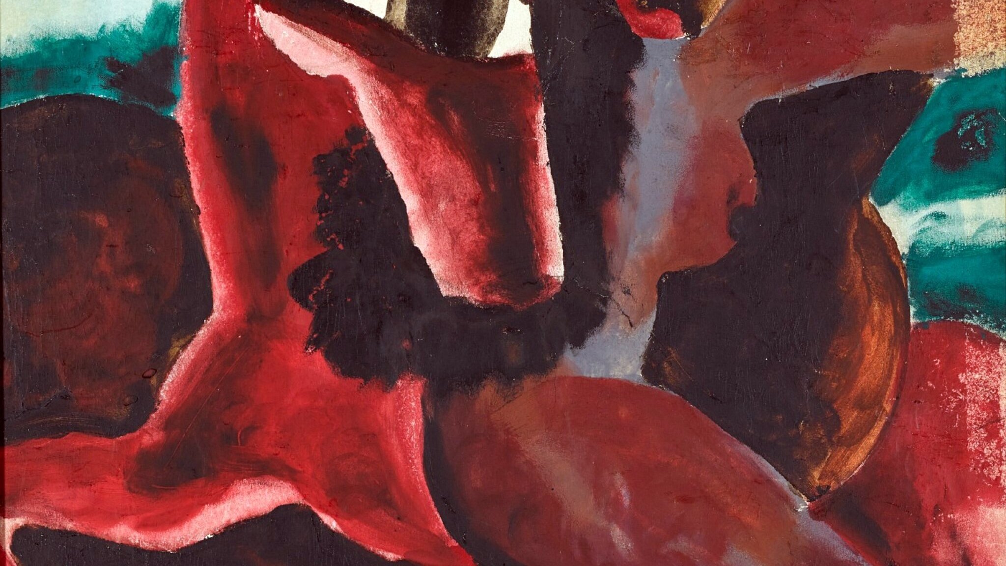 L'image présente une œuvre d'art abstraite avec des formes humaines stylisées. Des figures aux couleurs vives, comme le rouge et le noir, se détachent sur un fond composé de tons variés. On peut observer des éléments géométriques et des traits expressifs qui semblent exprimer des émotions intenses. Les formes sont plutôt austères, et l'œuvre dégage une atmosphère dynamique et captivante. L'utilisation contrastée des couleurs suggère un mouvement et une profondeur, incitant le spectateur à interpréter le message derrière cette abstraction.