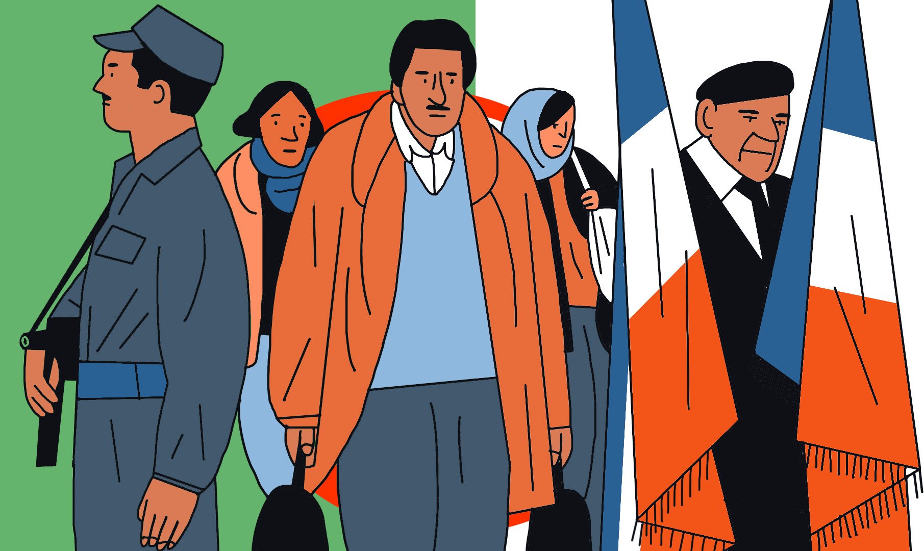 L'image présente un groupe de personnes illustrées dans un style graphique. On peut voir un soldat en uniforme portant une arme, une femme avec un foulard, et un homme habillé d'un manteau orange qui semble pensif. À droite, un homme souriant est vêtu d'un costume et tient des drapeaux. L'arrière-plan est divisé en couleurs vives : vert, orange et blanc. L'ensemble donne une impression de contrastes sociaux et culturels.