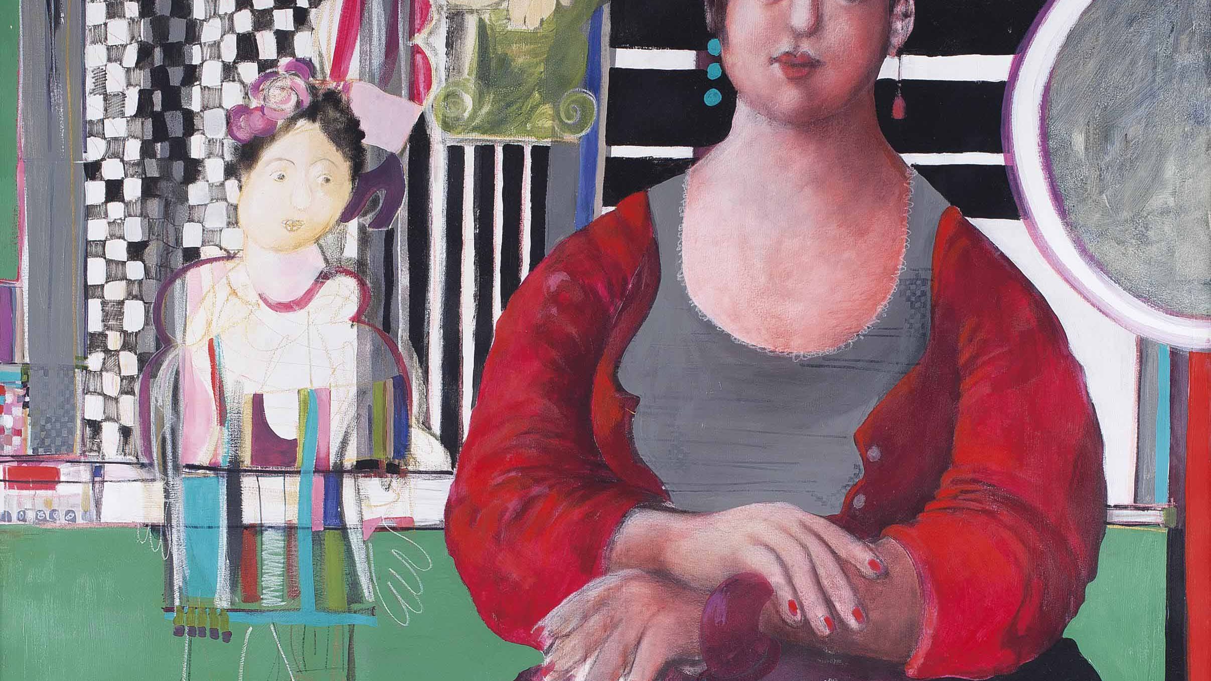 L'image représente une femme assise, avec une expression calme et confiante. Elle porte un pull rouge et des chaussures à talons, avec des rayures sur son bas. Sa tête est ornée de fleurs, ajoutant une touche de couleur et de fraîcheur. En arrière-plan, on observe des motifs graphiques, tels que des carreaux et des formes abstraites, ainsi qu'une silhouette féminine en surimpression. Un petit véhicule blanc est aussi visible, apportant une dimension ludique à la composition. L'ensemble dégage une ambiance vibrante et artistique, caractéristique d'un style contemporain.