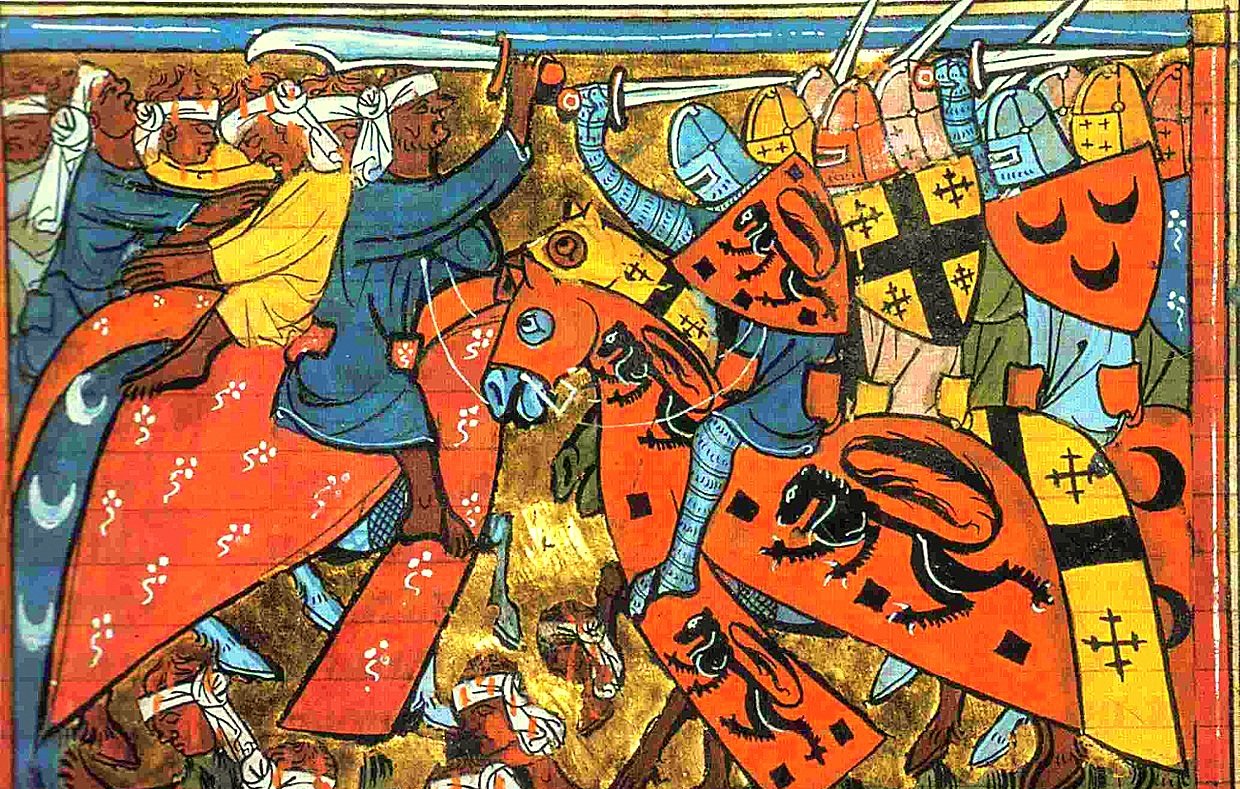 L'image représente une scène de bataille médiévale, typique des miniatures illustrant des événements historiques. On peut y voir des chevaliers en armure, montés sur des chevaux, brandissant des armes et portant des blasons aux motifs variés. Les couleurs vives, comme le rouge et le bleu, ajoutent une dynamique à la scène. Les combattants semblent être engagés dans un affrontement intense, tandis qu'au sol, on aperçoit des figures suggérant une lutte ou des blessures. L'ensemble dégage une atmosphère de bravoure et de conflit propre à l'époque médiévale.