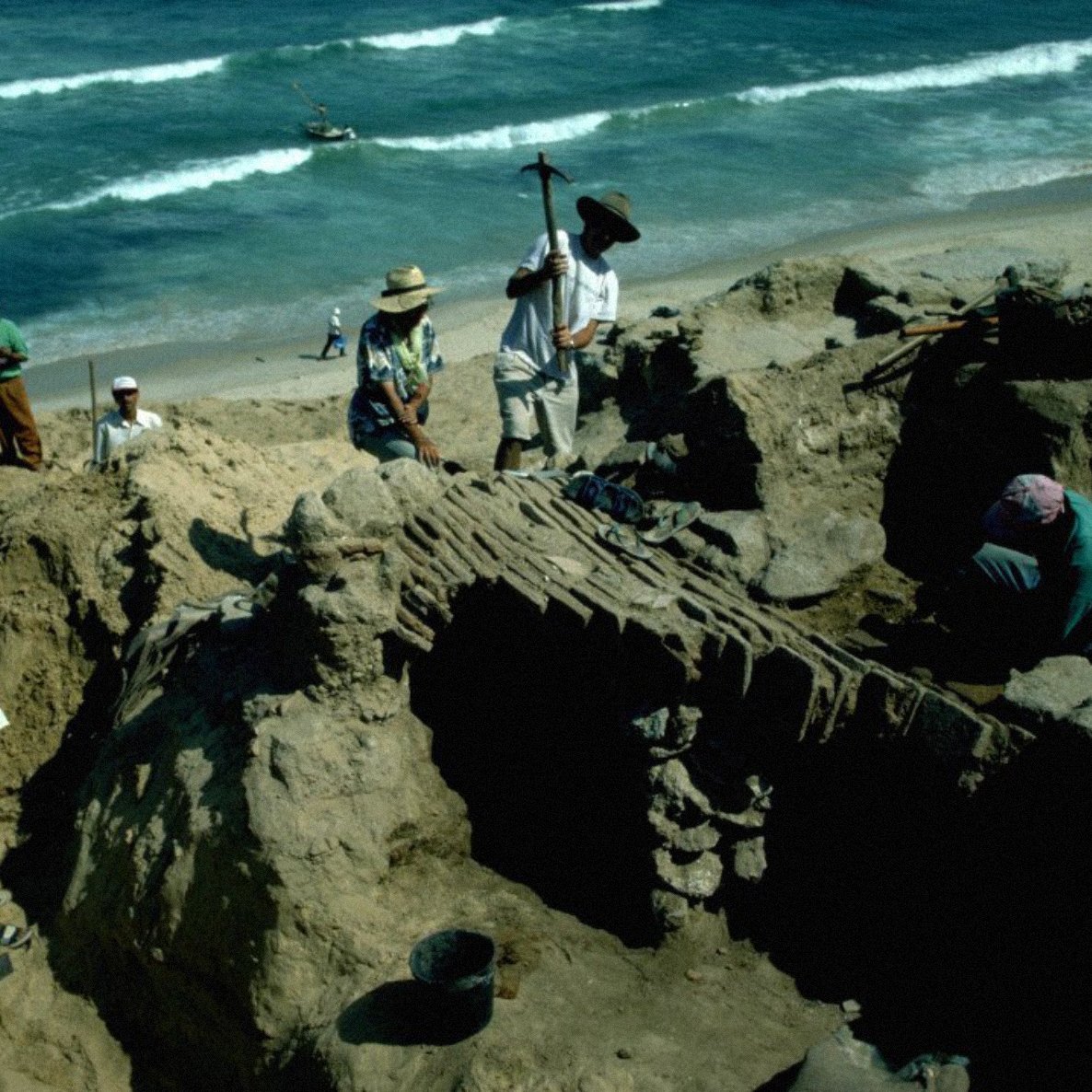 A group of people excavates a sandy site near the ocean, surrounded by waves and tools.