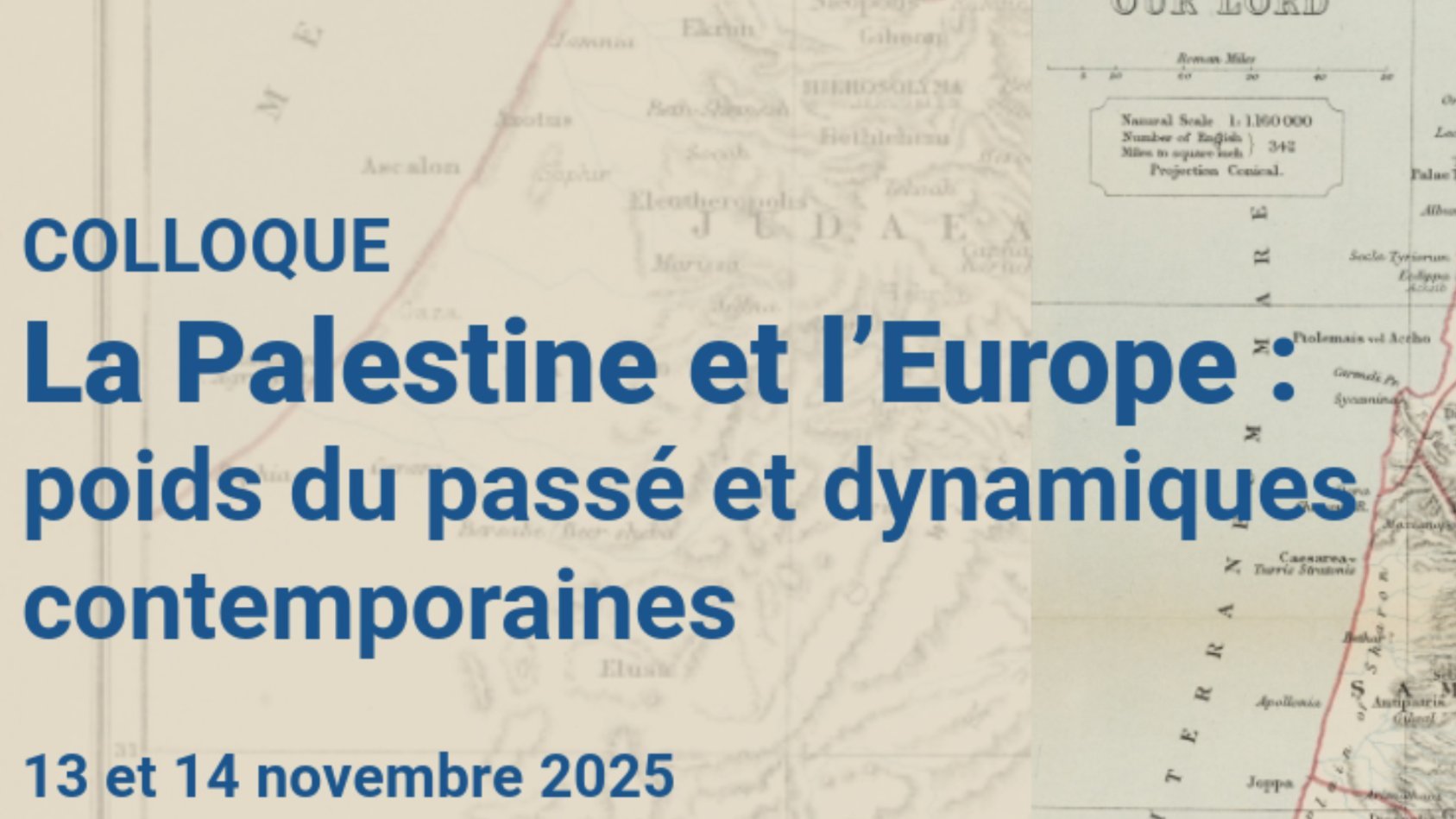 Carte ancienne de la Palestine, avec un titre sur un colloque en 2025.