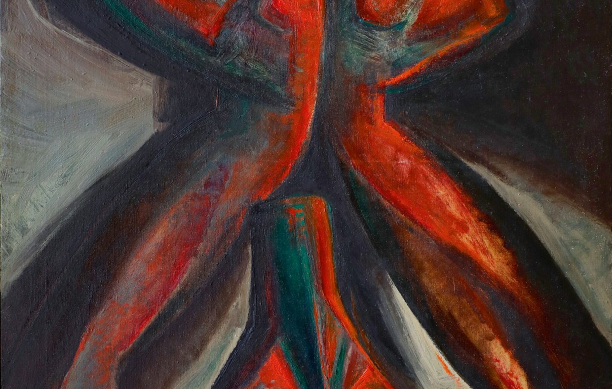 L'image présente une œuvre d'art abstraite, dominée par des tons de rouge et de noir. On y voit des formes humaines stylisées, leurs bras levés comme pour créer une sorte de symbole ou un geste. Le visage est suggéré par des blocs de couleur verte, tandis que d'autres éléments semblent évoquer des courbes et des silhouettes. L'ensemble dégage une forte émotion et une dynamique visuelle, caractéristique de l'expressionnisme. La composition est captivante et invite à l'interprétation personnelle.