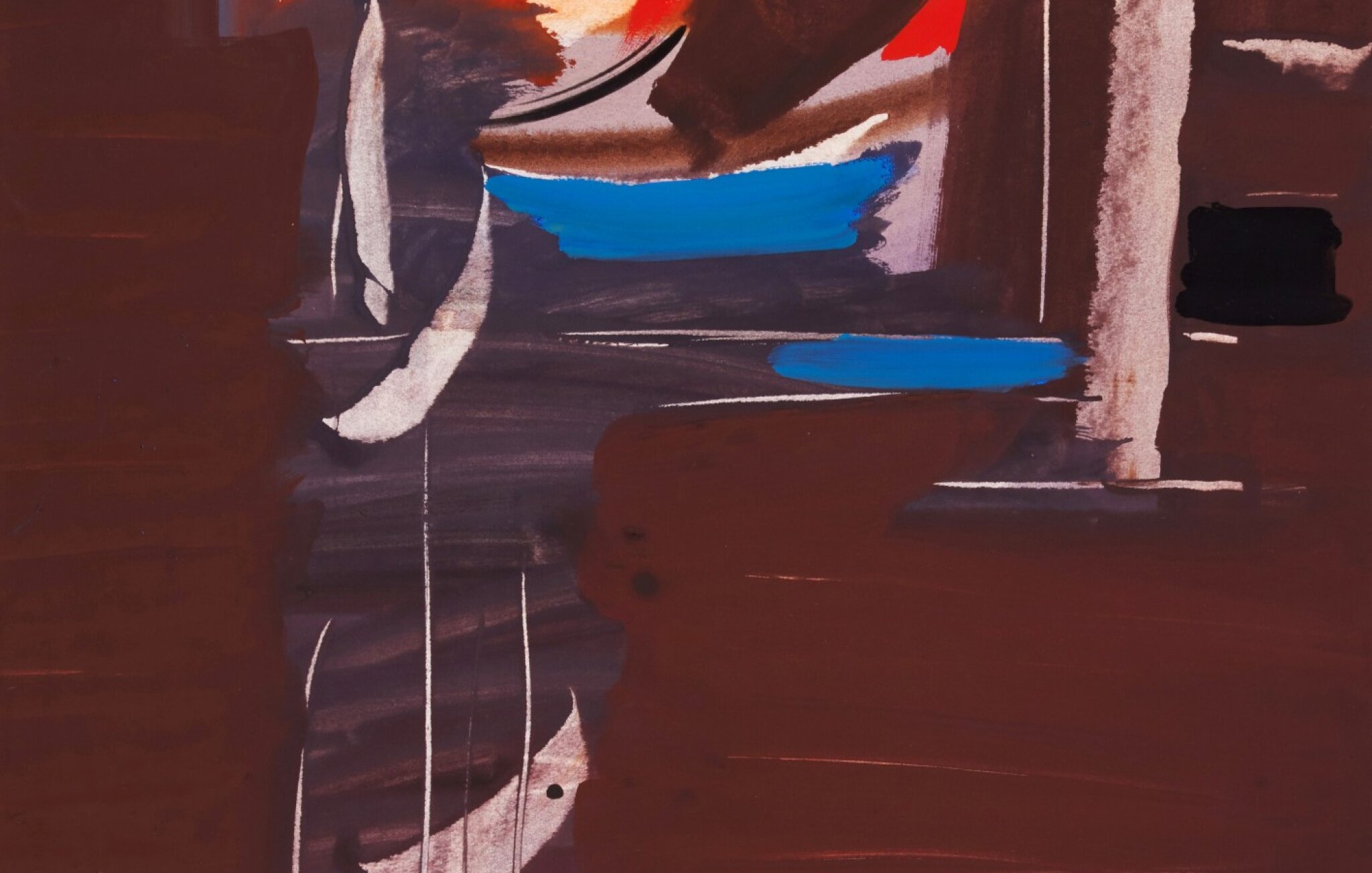 L'image présente une composition abstraite avec des couleurs vives et contrastées. On peut y voir des formes fluides et dynamiques, avec des teintes de rouge, de bleu et de noir sur un fond brun. Les coups de pinceau semblent exprimer mouvement et émotion, créant une atmosphère à la fois énergique et mystérieuse. Les interactions entre les couleurs et les formes suggèrent une profondeur visuelle intéressantes, tout en laissant place à l'interprétation personnelle.