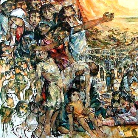 الصورة تمثل مشهدًا يعكس الصراعات الإنسانية والمعاناة التي يعيشها الناس. تتضمن عدة شخصيات يعبرون عن مشاعر الحزن والألم، حيث يظهر بعضهم وهم يرفعون أيديهم كطلب للمساعدة أو الاستغاثة. الخلفية تحتوي على مشهد طبيعي يمتد، يضيف شعورًا بالاتساع والاغتراب. الألوان المستخدمة تعكس الحدة والتوتر، مما يعكس الدرامية والعمق النفسي لما يحدث في الصورة. تعبر الصورة بشكل قوي عن القضايا الاجتماعية والإنسانية.