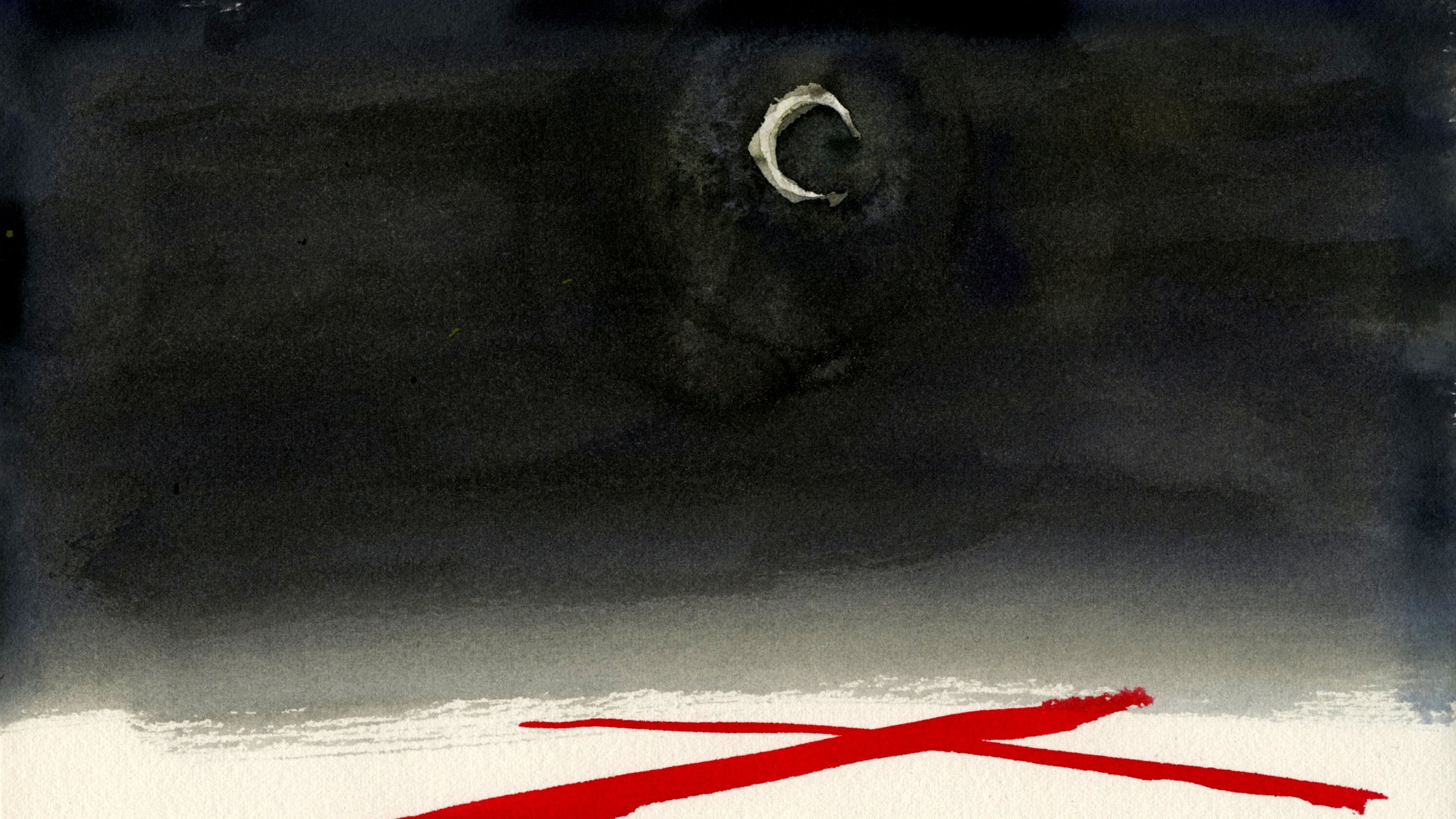 L'image présente un fond sombre, presque noir, avec une légère nuance de gris. Au centre, on peut voir une lune en croissant, qui apporte une touche lumineuse à la scène nocturne. En bas de l'image, deux lignes rouges croisées traversent le blanc, créant un contraste saisissant avec le reste des couleurs. L'ensemble dégage une atmosphère mystérieuse et dramatique.