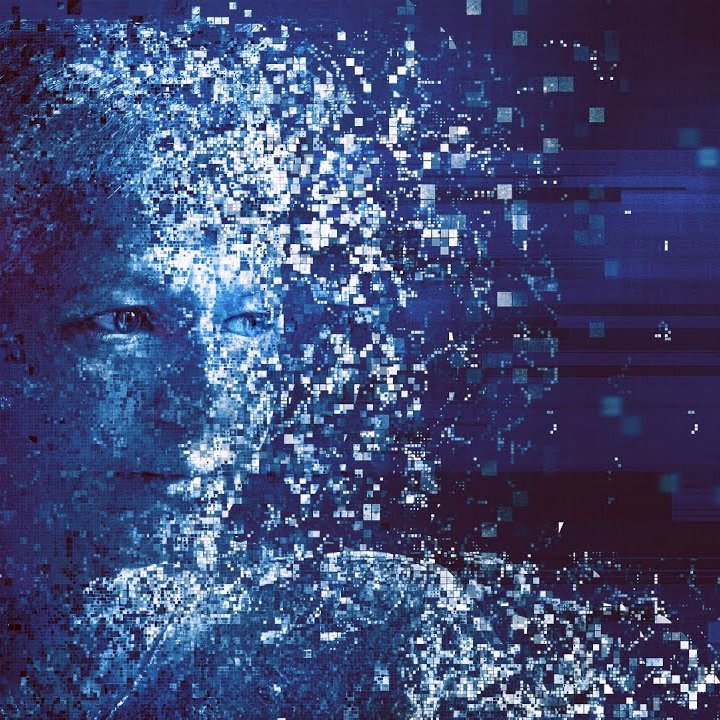 The image depicts a human-like face that appears to be disintegrating or dissolving into a myriad of small blue and white pixels or digital fragments. The background has a dark gradient with hints of purple and additional pixelated elements, creating a sense of movement and abstraction. This representation evokes themes of technology, digital transformation, and perhaps the blending of human identity with digital existence.