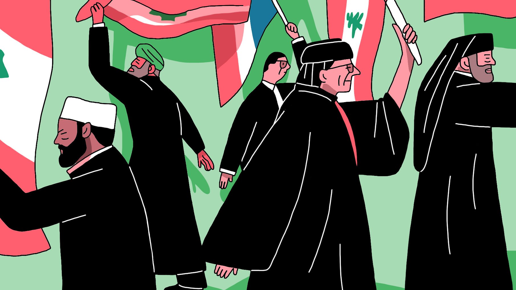L'image représente une scène de manifestation ou de rassemblement avec plusieurs personnes portant des vêtements traditionnels. Elles brandissent des drapeaux de différents pays, comme le Liban et d'autres nations. L'arrière-plan est verdoyant, ce qui met en avant les personnages et leurs actions. Les expressions sur leurs visages semblent déterminées, soulignant un sentiment d'unité ou de revendication.