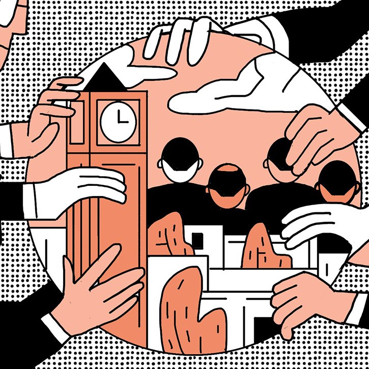 L'image représente un groupe de personnes stylisées, avec des costumes noirs et des lunettes, qui entourent un cercle central. Dans ce cercle, on peut voir des éléments architecturaux, probablement des monuments, ainsi que des montagnes en arrière-plan. Les personnages semblent interagir avec cet espace central, comme s'ils essayaient de le protéger ou de le transférer. Le tout est dessiné dans un style graphique avec des couleurs douces, notamment du rose, du noir et du blanc, et avec des nuages dans le fond.