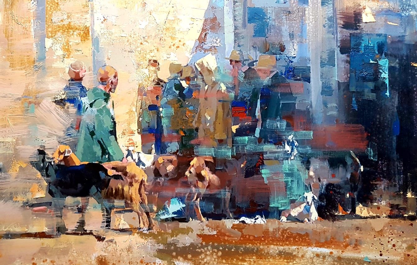 L'image représente une scène animée où plusieurs personnes, vêtues de manteaux, semblent interagir avec des chiens. Les couleurs sont principalement chaudes, avec des touches de bleu et de jaune, créant une atmosphère vibrante. Les personnages sont partiellement flous, ce qui donne une impression de mouvement. On aperçoit des chiens de différentes tailles se déplaçant autour des personnes, ajoutant une dimension vivante à la composition. Le fond est abstrait, ce qui met l'accent sur l'interaction centrale entre les humains et les animaux.
