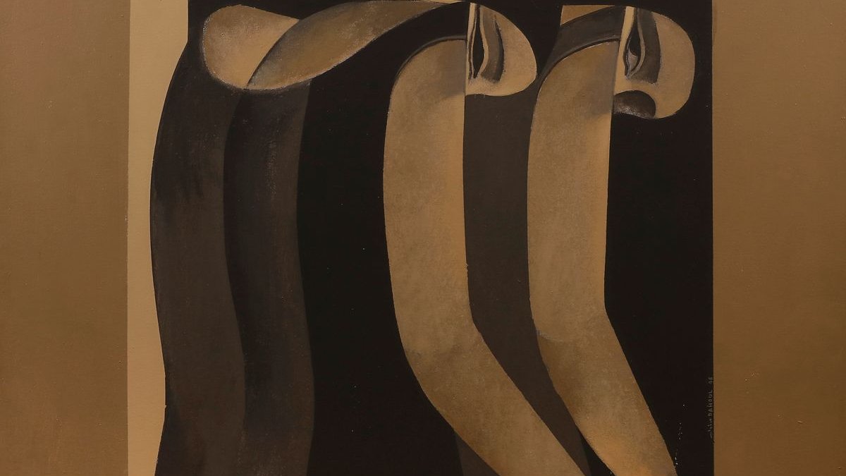 L'image présente une composition artistique avec des bras stylisés qui semblent s'enlacer. Le fond est sombre, mettant en relief les formes des bras, qui sont représentés de manière abstraite et minimaliste. Les couleurs utilisées sont principalement des tons de noir, de beige et de brun, créant un contraste marqué. L'œuvre évoque des émotions de connexion et d'intimité, tout en laissant une impression de mystère.