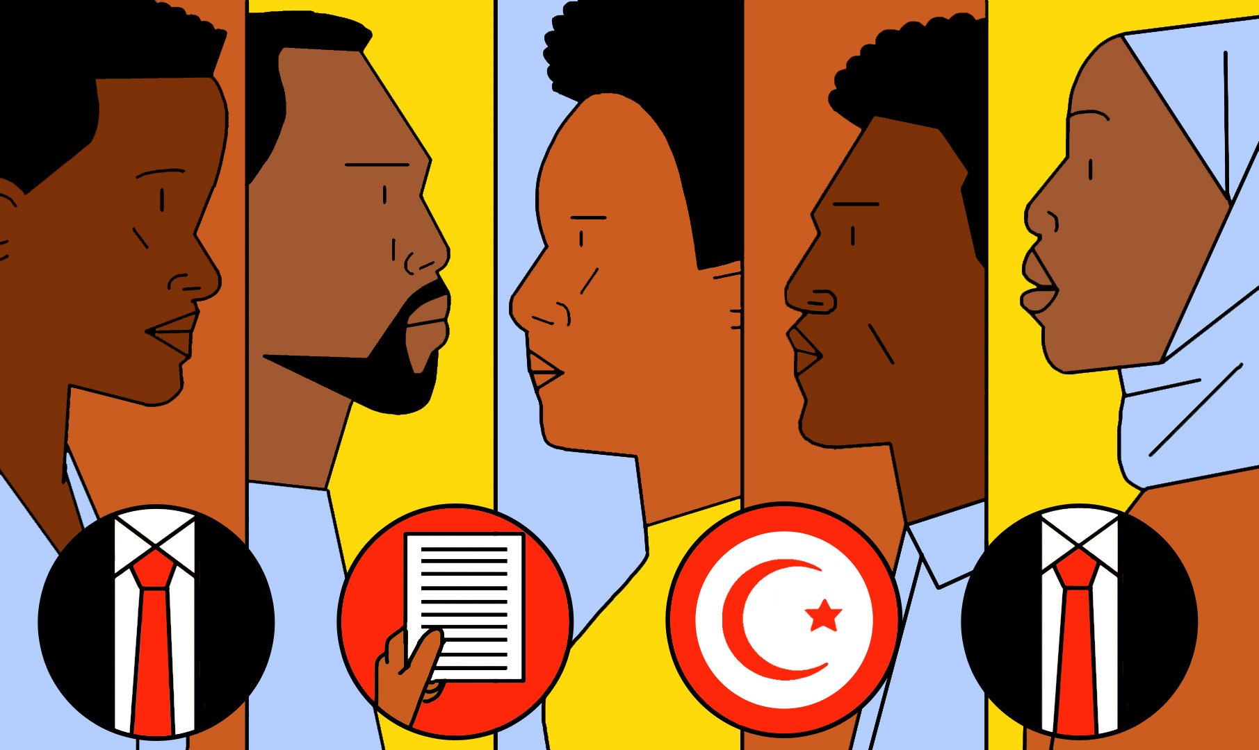 L'image présente une série de profils de personnes, avec des illustrations stylisées et colorées. On y voit deux hommes et deux femmes, chacun d'eux avec une expression sérieuse. Les personnages sont entourés de motifs lumineux en jaune, orange et bleu. Au centre, on trouve des éléments significatifs, comme un document et un symbole représentant la Tunisie, ainsi qu'une cravate dans des icônes. L'ensemble transmet un message sur la diversité et les identités culturelles.