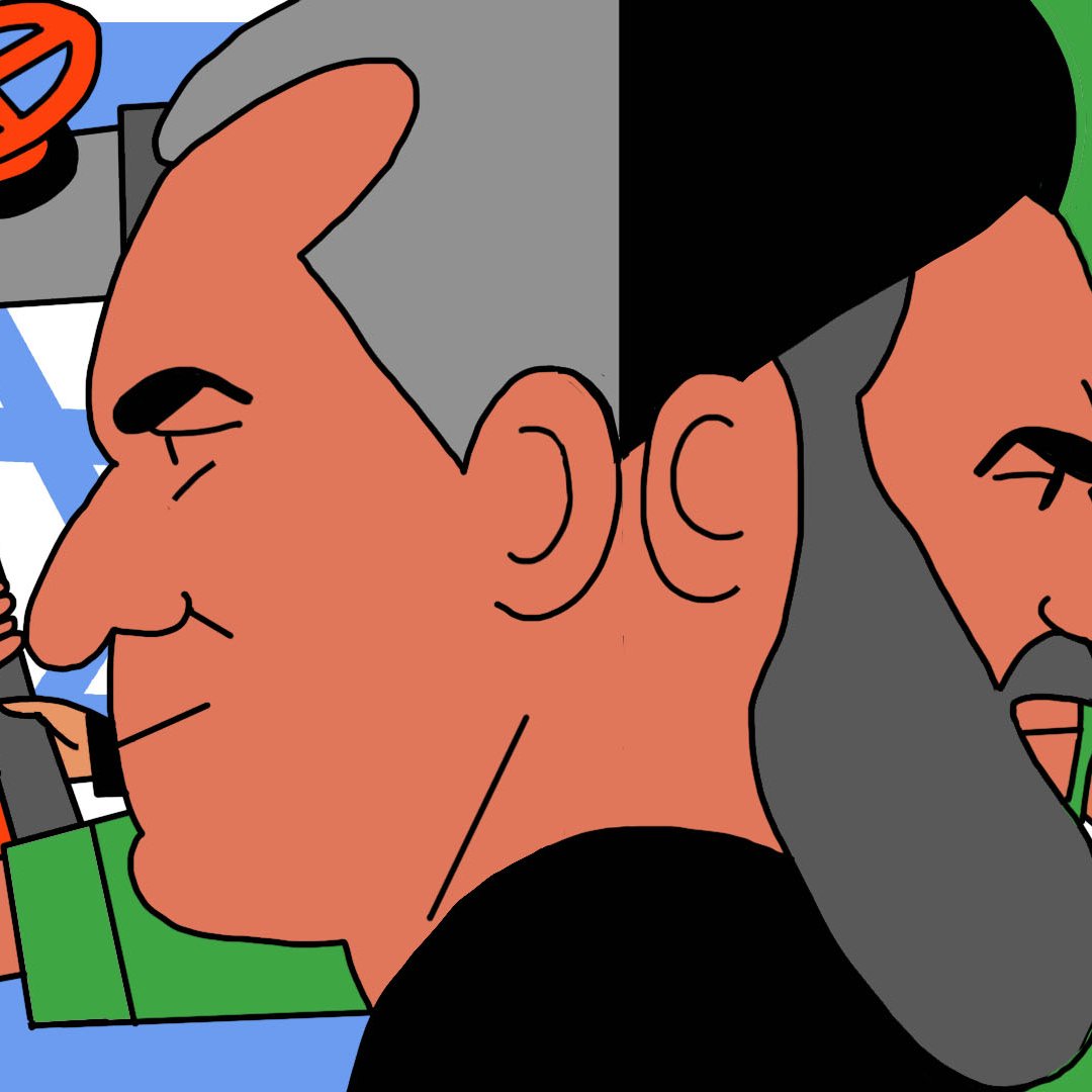 L'image présente un design graphique divisé en deux côtés. À gauche, on voit une figure souriante accompagnée d'un symbole représentant l'État d'Israël, ainsi que des éléments évoquant des armes et des négociations. À droite, on aperçoit une figure avec une barbe et une expression sérieuse, entourée de symboles qui semblent évoquer l'énergie nucléaire et la résistance. La composition met en lumière un contraste entre les deux personnages, suggérant des tensions politiques ou des négociations complexes. Les couleurs sont vives et le style est simplifié, typique des illustrations modernes.