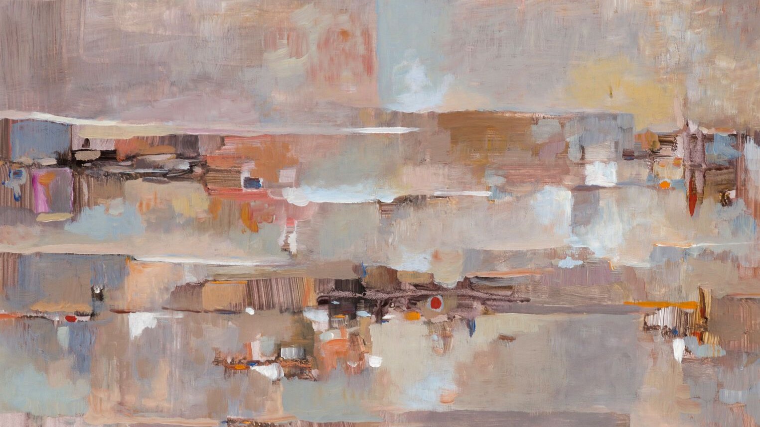 L'image représente une œuvre abstraite caractérisée par des couleurs douces et des motifs géométriques. Les teintes variées de beige, de crème, et des touches de marron, orange et bleu créent une atmosphère apaisante. Les formes semblent fluides et s'entrelacent les unes avec les autres, suggérant un paysage stylisé ou une réflexion. Le tableau évoque une sensation de calme et d'harmonie, tout en laissant place à l'interprétation personnelle.