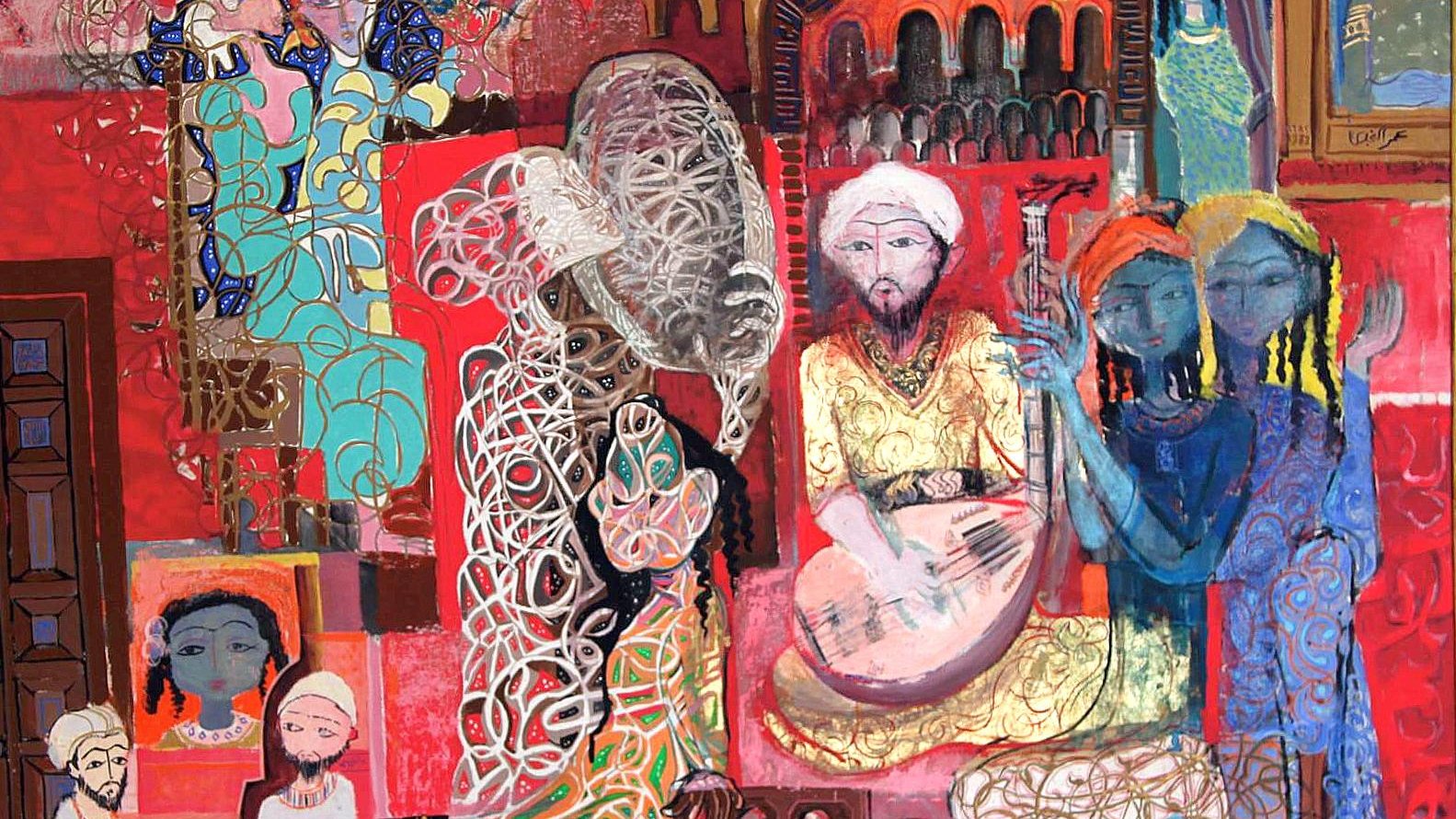 L'image présente une composition colorée et dynamique, remplie de figures humaines stylisées et d'éléments décoratifs. Les personnages, souvent représentés avec des expressions variées, sont engagés dans diverses activités, créant une ambiance vivante et artistique. Les couleurs dominantes sont vives, notamment des rouges, des bleus et des dorés, qui ajoutent de la profondeur et de la richesse à l'œuvre. Les motifs et les détails complexes des vêtements et des arrière-plans donnent une impression de culture et d'histoire, suggérant un mélange de traditions et de pratiques artistiques. L'ensemble de l'œuvre évoque une scénographie vivante, animée par les interactions entre les personnages.