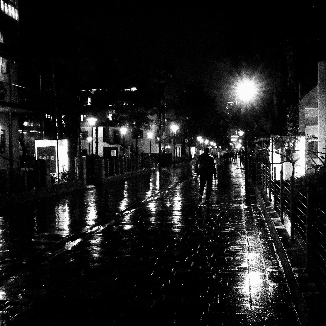 L'image montre une rue mouillée de nuit, éclairée par des lampadaires. Le sol reflète la lumière, créant un effet brillant. On peut voir quelques personnes marchant sur le trottoir, tandis que des bâtiments se dressent de chaque côté, illuminés par des lumières. L'atmosphère semble calme et sereine, typique d'une soirée de pluie.
