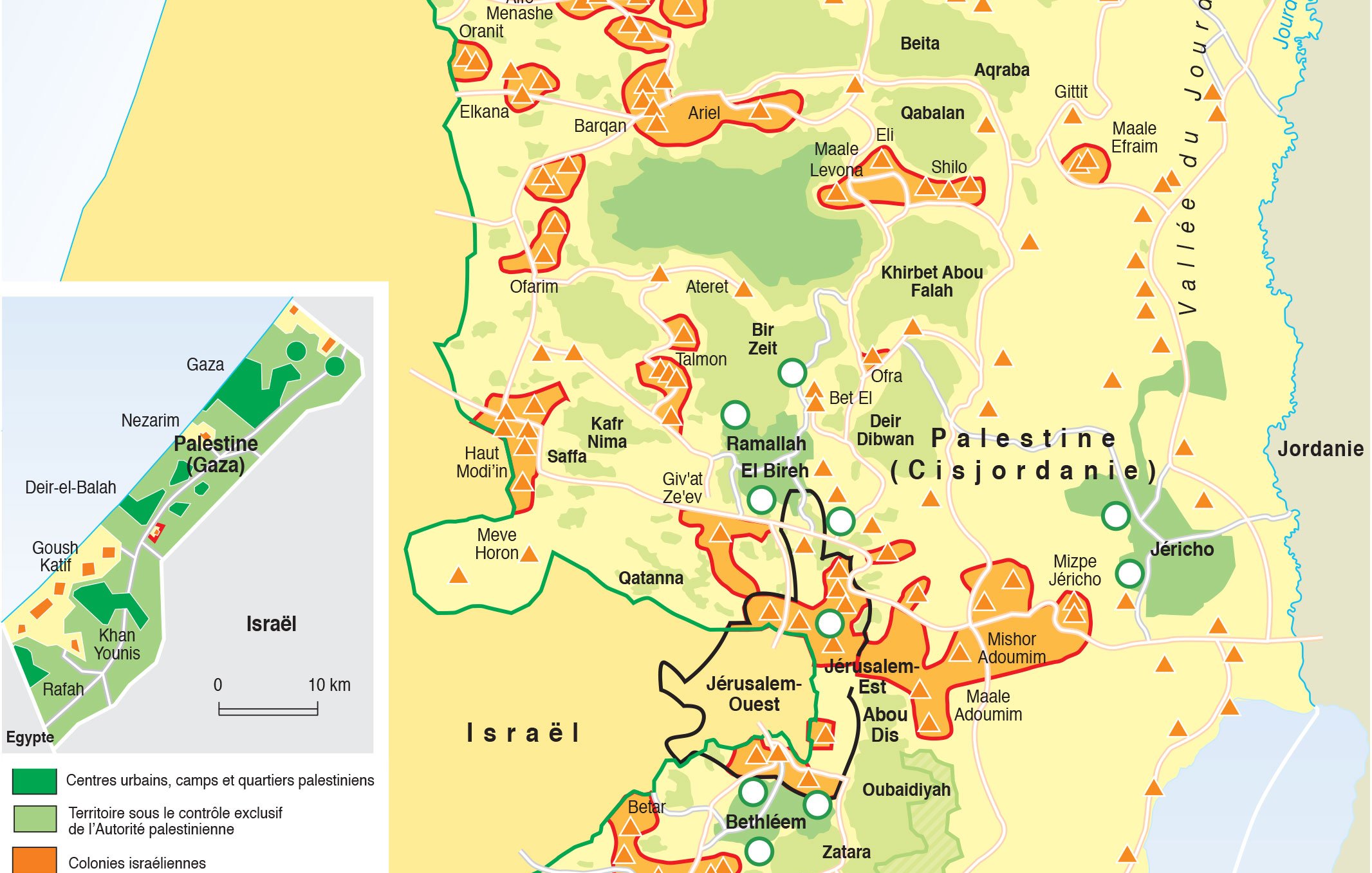 Cette image représente une carte détaillée de la Palestine et de la région environnante, montrant des zones de contrôle, des villes importantes et les frontières entre Israël et les territoires palestiniens. La carte utilise des couleurs et des symboles pour indiquer les zones A, B et C, qui sont associées à différents niveaux de contrôle administratif. On peut également voir des indications géographiques, comme des montagnes, des rivières et d'autres caractéristiques du terrain. En bas à gauche, il y a une carte plus petite qui montre la localisation de la Palestine dans la région du Moyen-Orient.