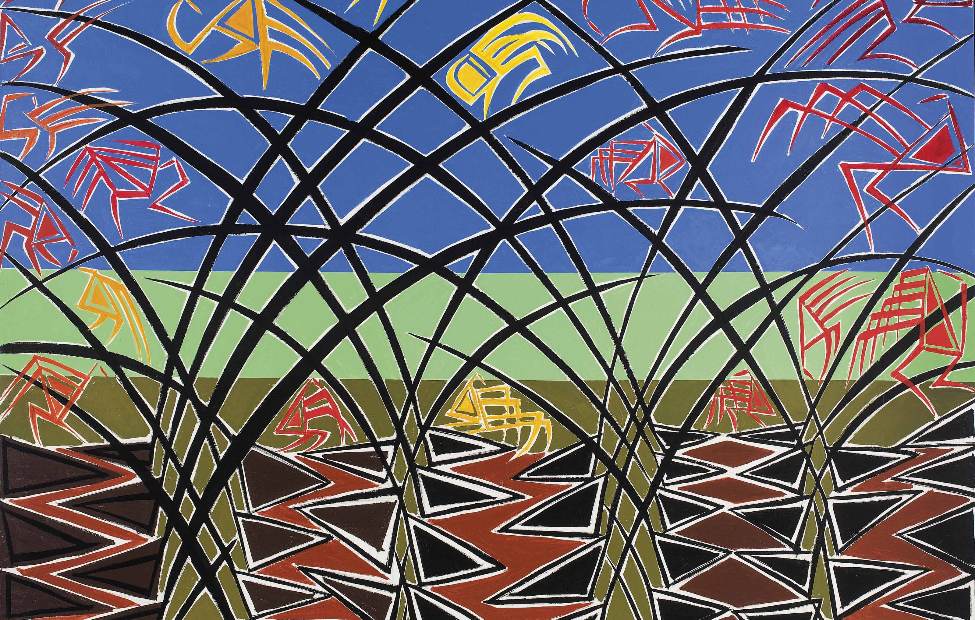 L'image présente une œuvre d'art abstraite avec des motifs géométriques vibrants. On y voit une disposition de formes angulaires et de lignes entrecroisées qui créent une impression de profondeur et de mouvement. Les couleurs utilisées incluent des bleus vifs, des verts, des rouges et des jaunes, donnant un effet dynamique. La composition semble évoquer une interaction entre la nature et des éléments stylisés, tout en offrant une sensation de rythme et de complexité visuelle.